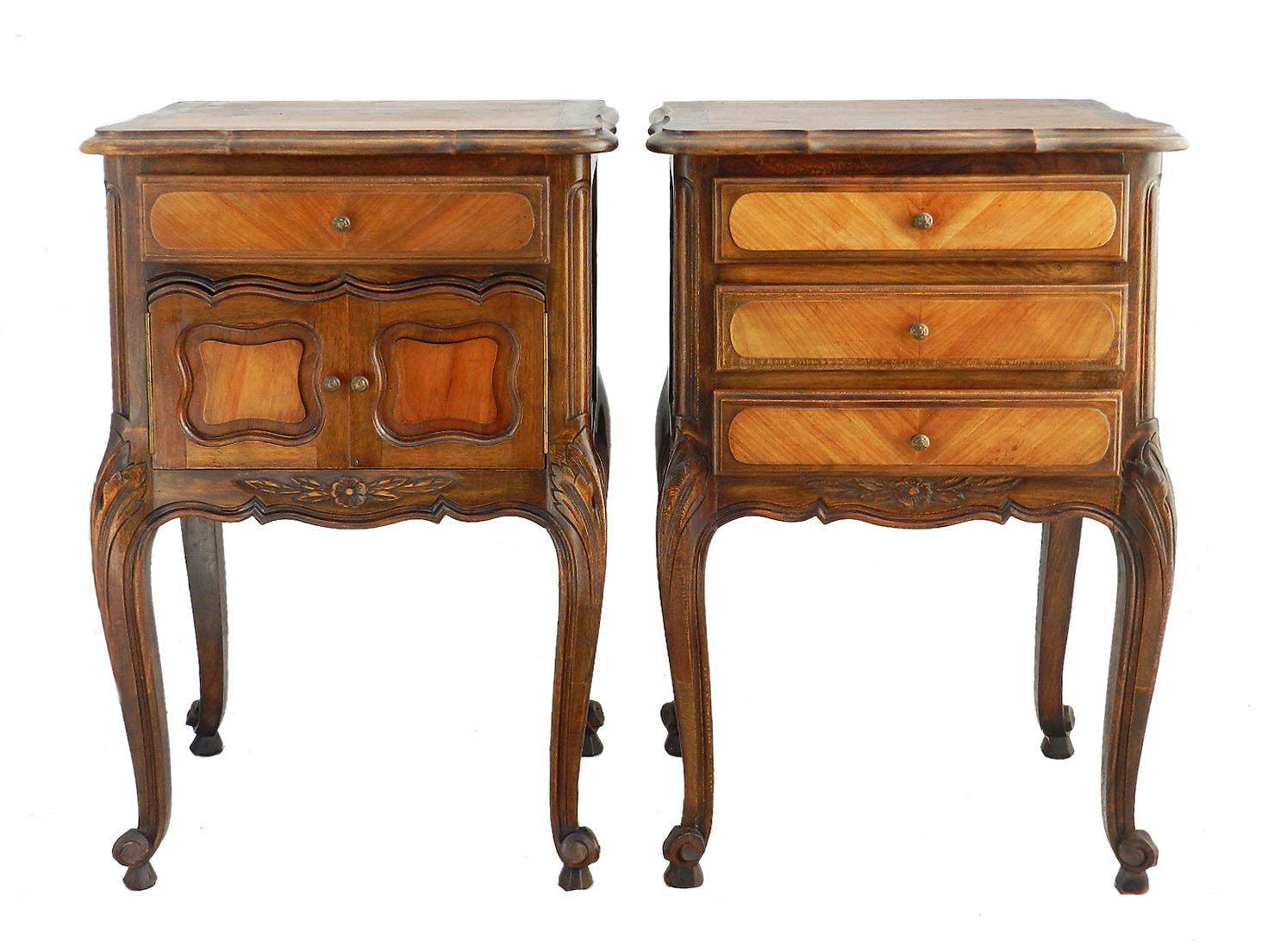 Pair of side cabinets French Nightstands vintage Louis revival early 20th century
One with 3 drawers, the other has a single drawer with an unusual lower cupboard and pair of doors
Solid carved wood
Good condition with only minor signs of use for