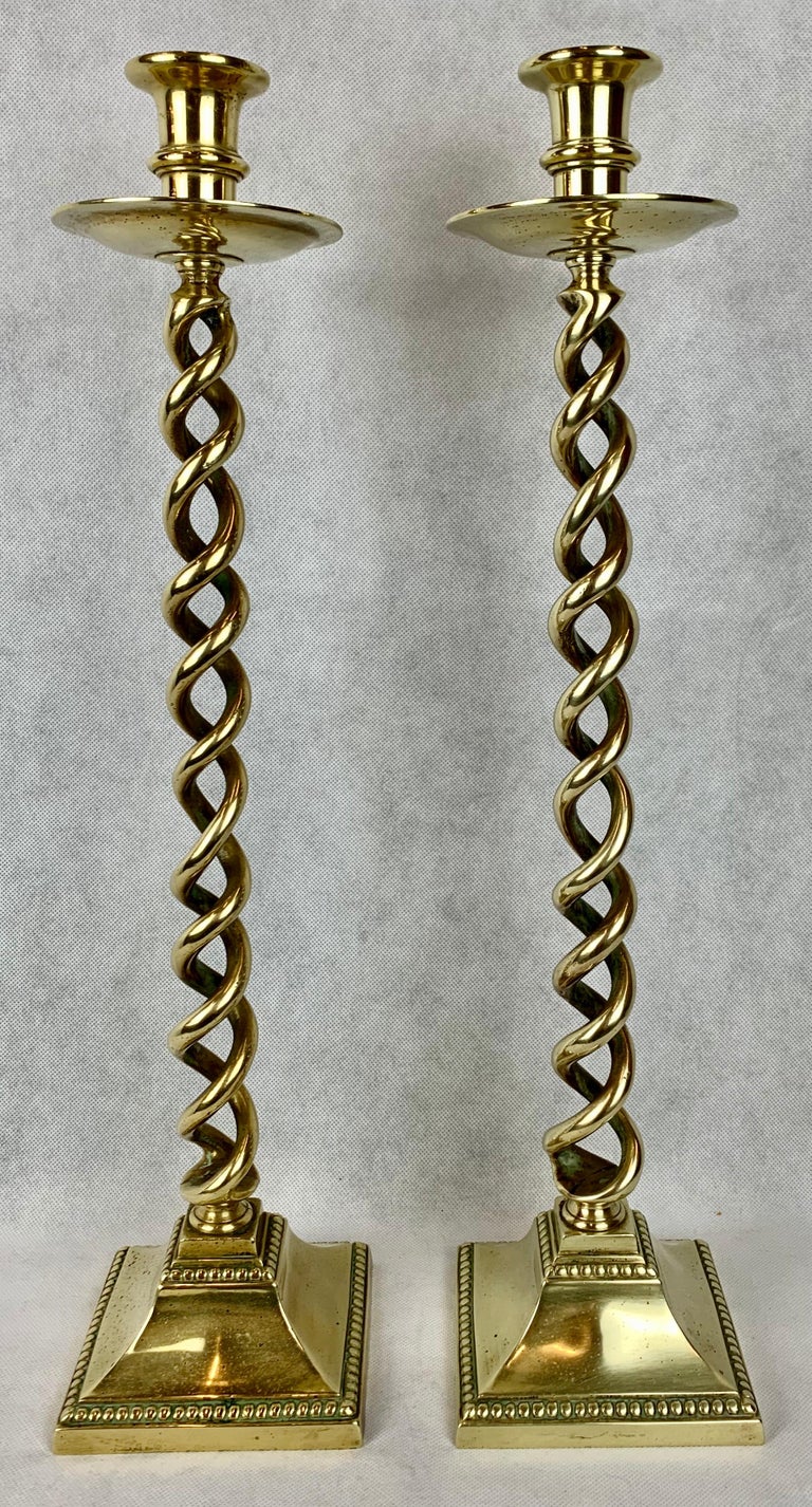 Solid Brass 21" Barley Twist Candlesticks, Square BasesEngland, 19th c