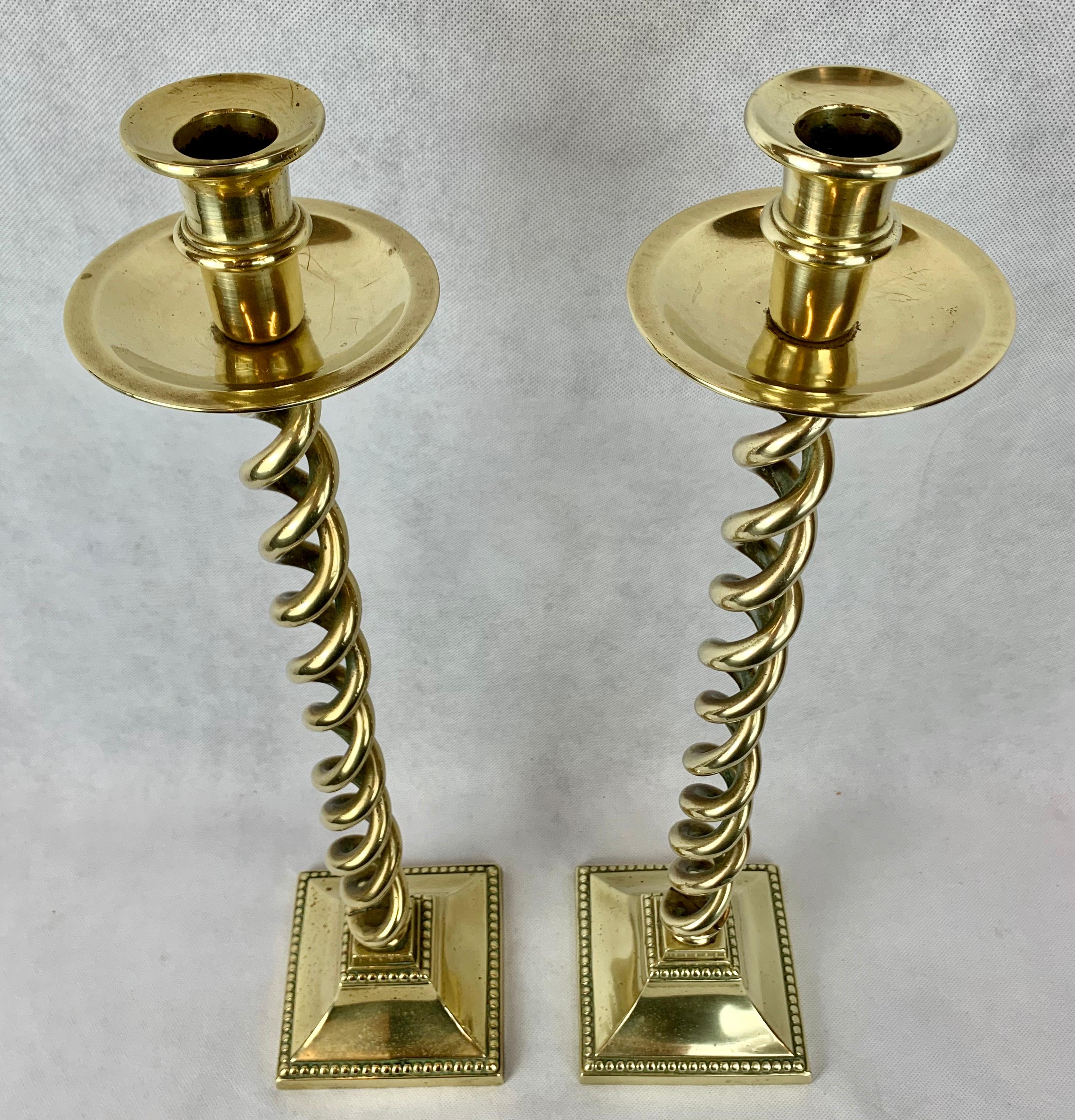 English Solid Brass 21” Barley Twist Candlesticks with Square Bases, England, 19th c. For Sale