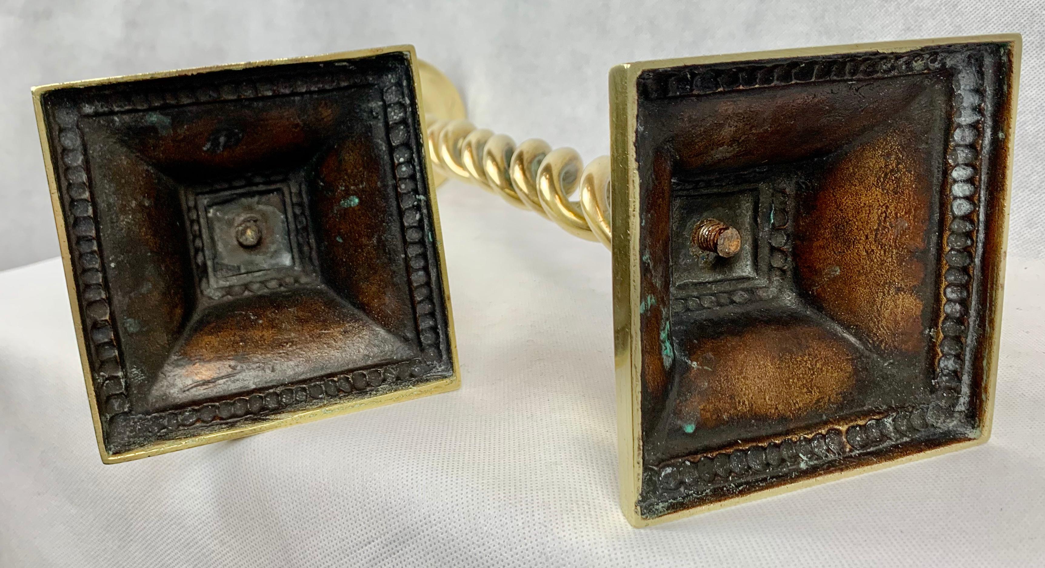 Hand-Crafted Solid Brass 21” Barley Twist Candlesticks with Square Bases, England, 19th c.