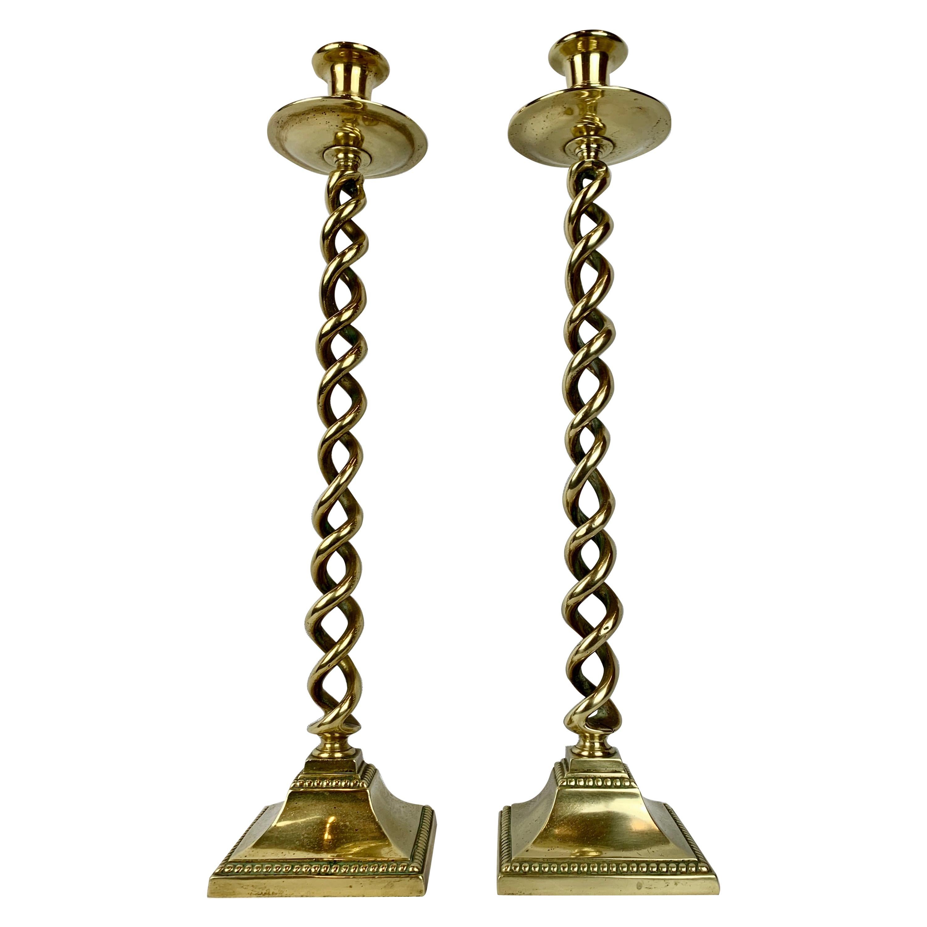 Solid Brass 21” Barley Twist Candlesticks with Square Bases, England, 19th c. For Sale