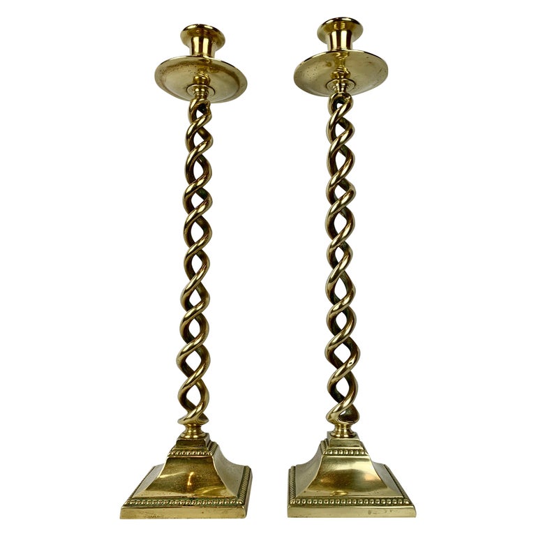 Solid Brass 21” Barley Twist Candlesticks with Square Bases, England, 19th  c. For Sale at 1stDibs