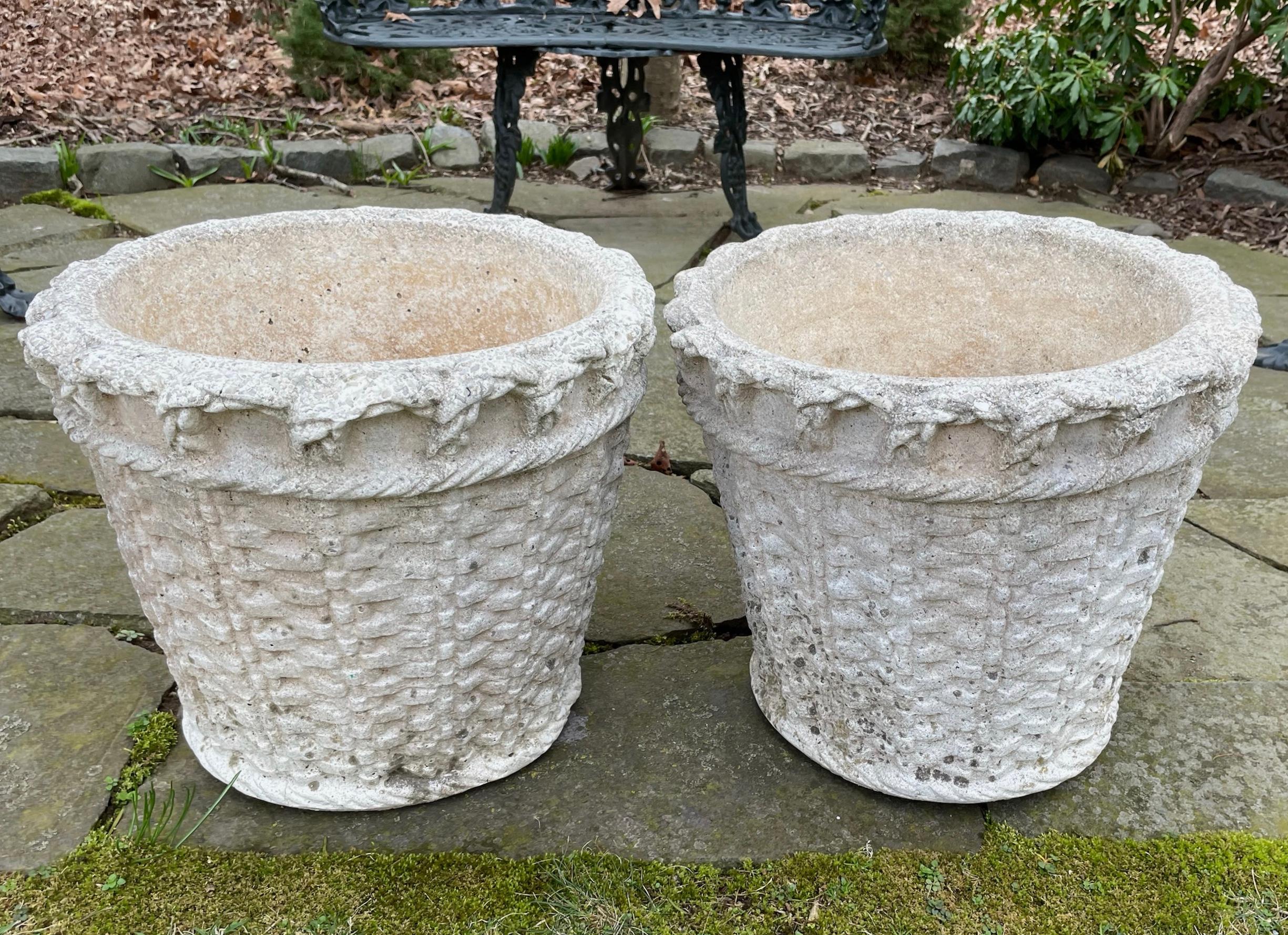 Pair Normandy Cast Stone Woven Basket Planters In Good Condition For Sale In New York, NY