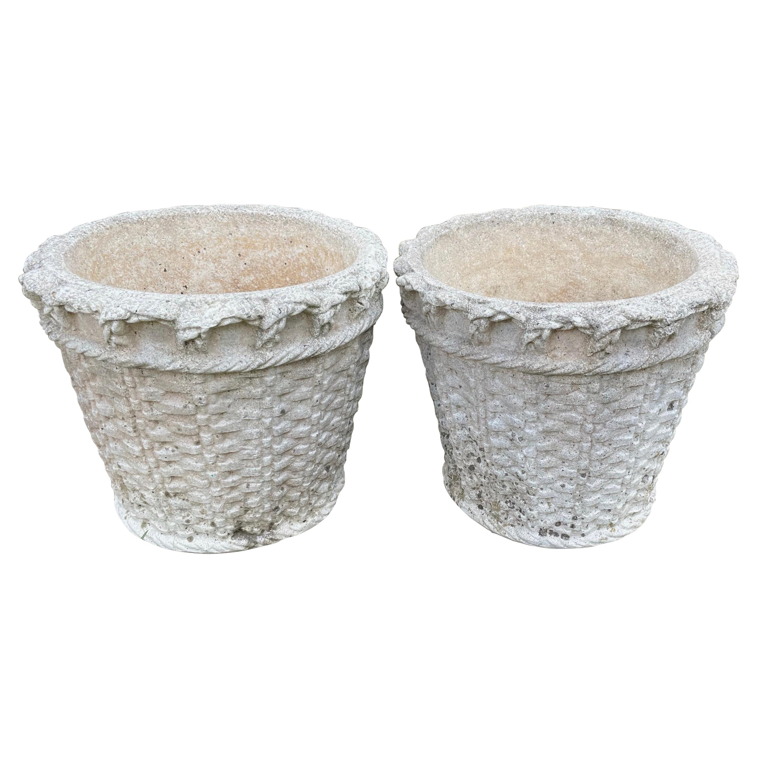 Pair Normandy Cast Stone Woven Basket Planters