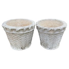 Pair Normandy Cast Stone Woven Basket Planters
