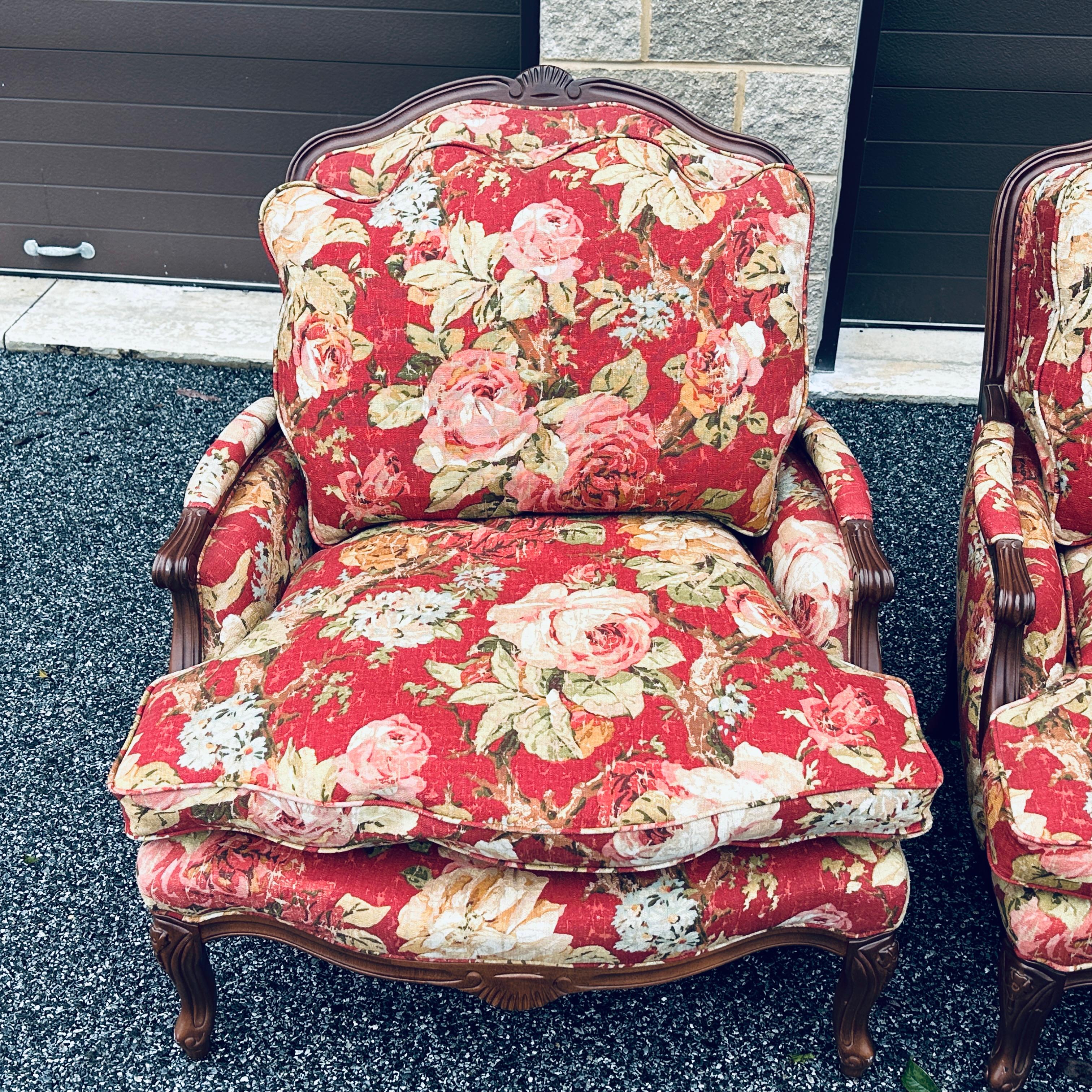 American Pair Norwalk Furniture French Floral Bergere Chairs