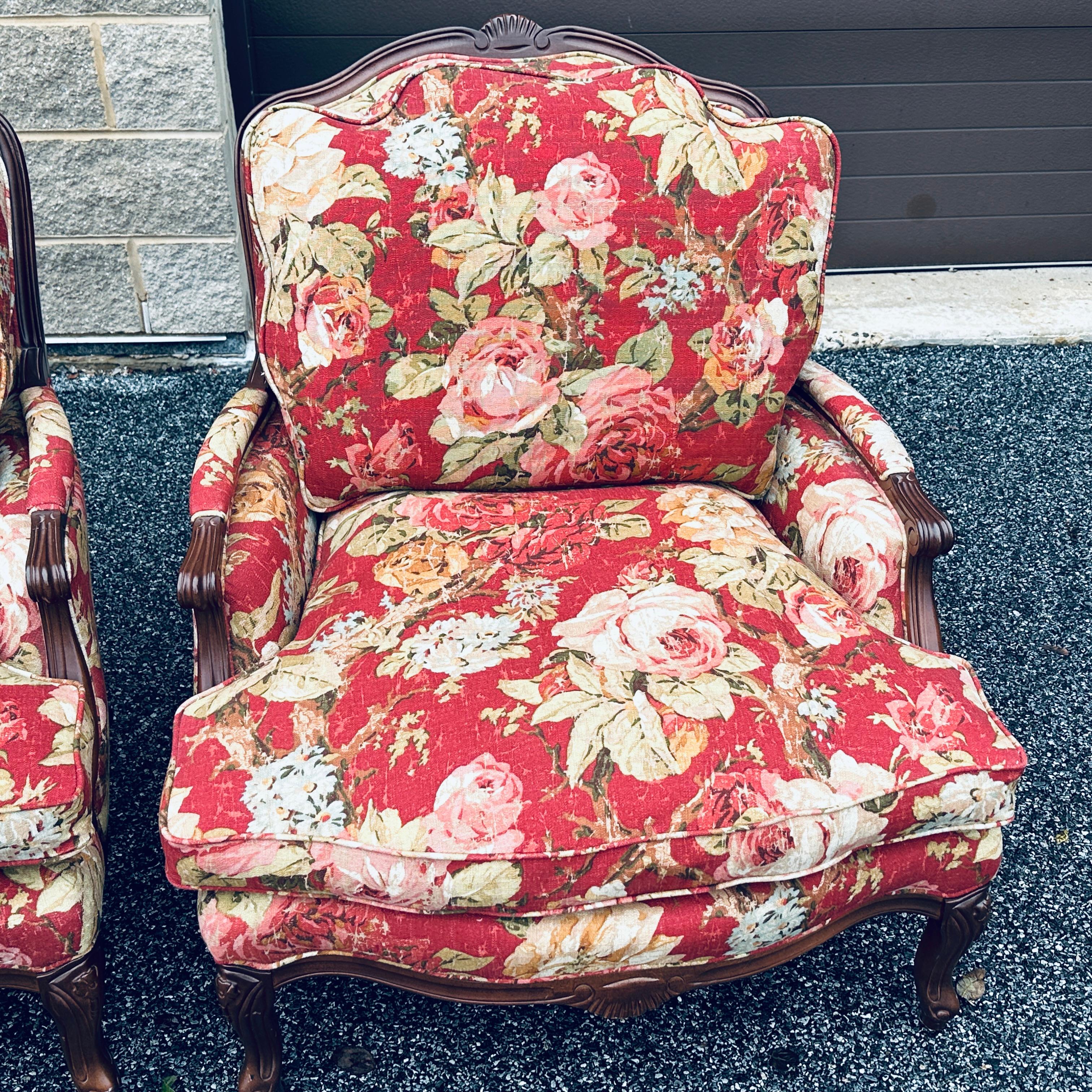 Hand-Crafted Pair Norwalk Furniture French Floral Bergere Chairs