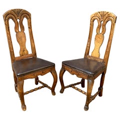 Antique Pair Norwegian 18th Century Rococo Dining Chairs with Leather Seats