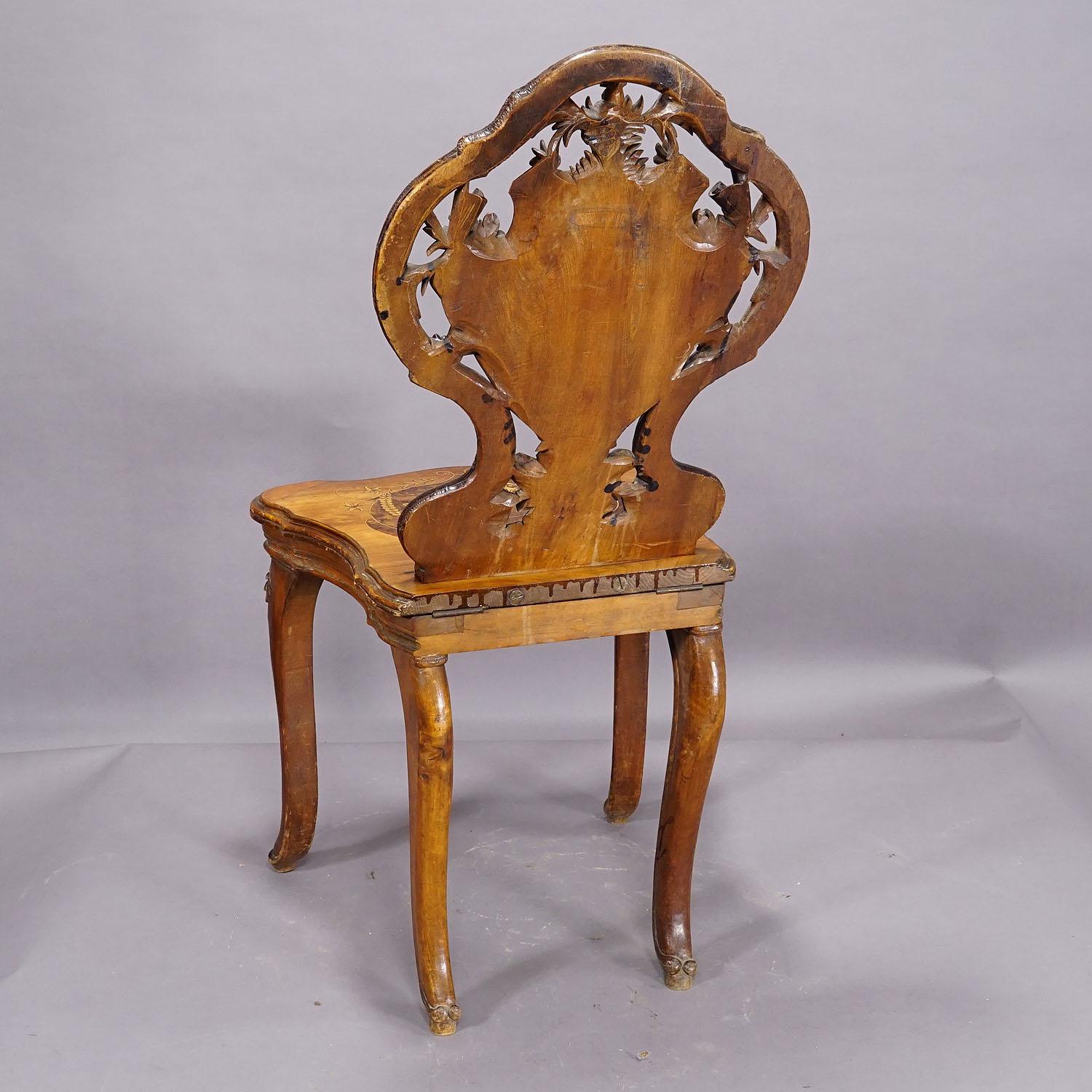 Pair Nutwood Edelweis Marquetry Chairs Swiss Brienz 1900 For Sale 7