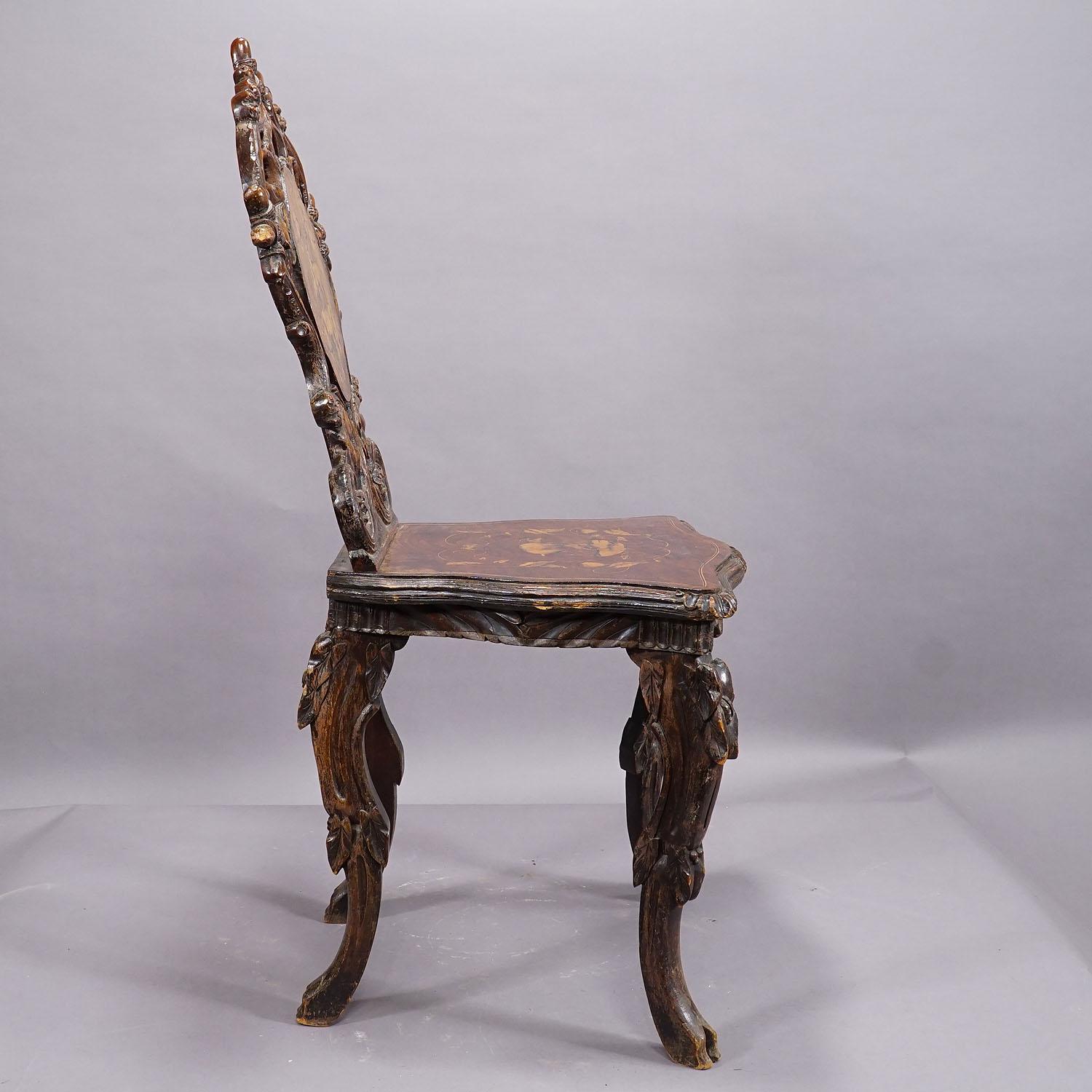 Pair Nutwood Edelweis Marquetry Chairs Swiss Brienz 1900 For Sale 7