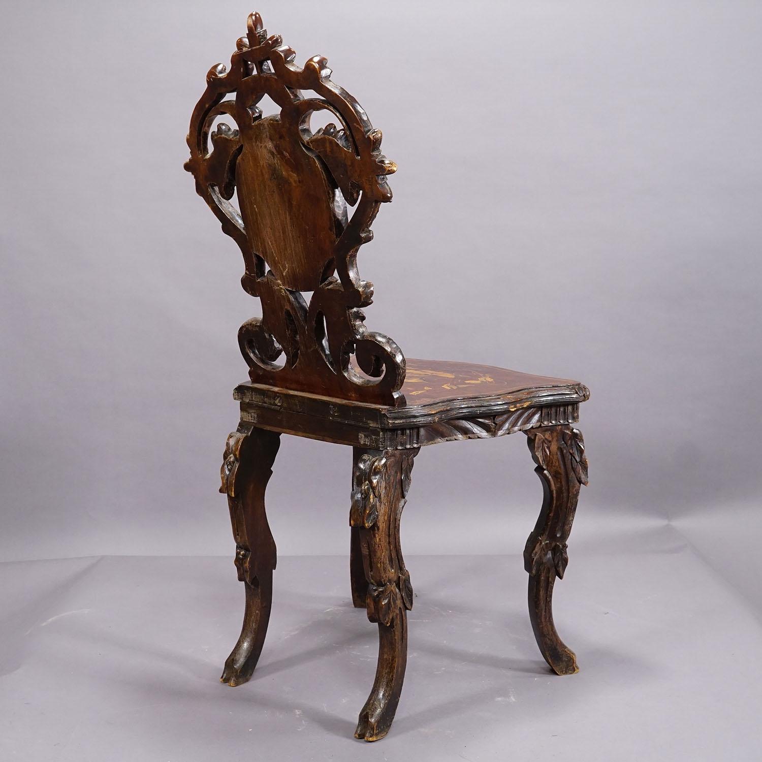 Pair Nutwood Edelweis Marquetry Chairs Swiss Brienz 1900 For Sale 8