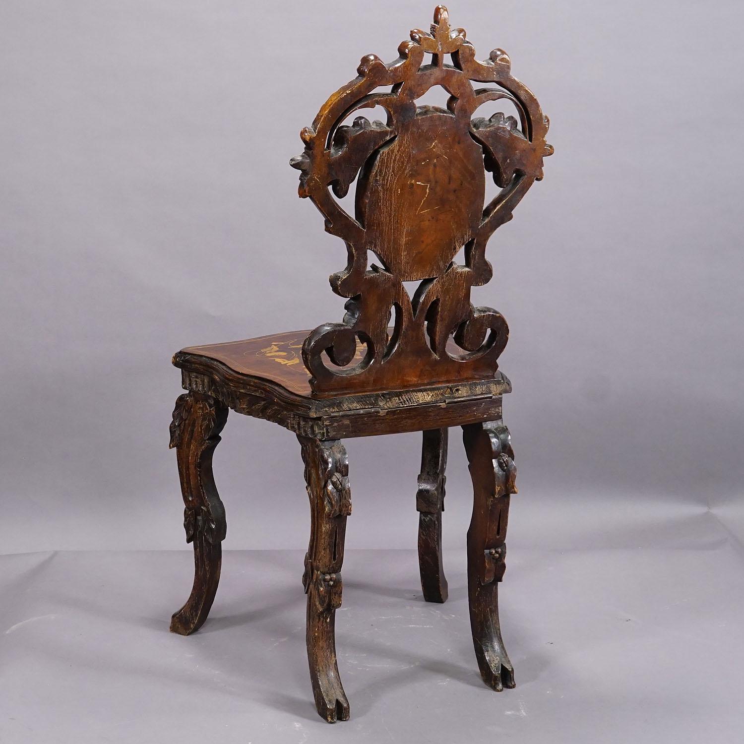 Pair Nutwood Edelweis Marquetry Chairs Swiss Brienz 1900 For Sale 11