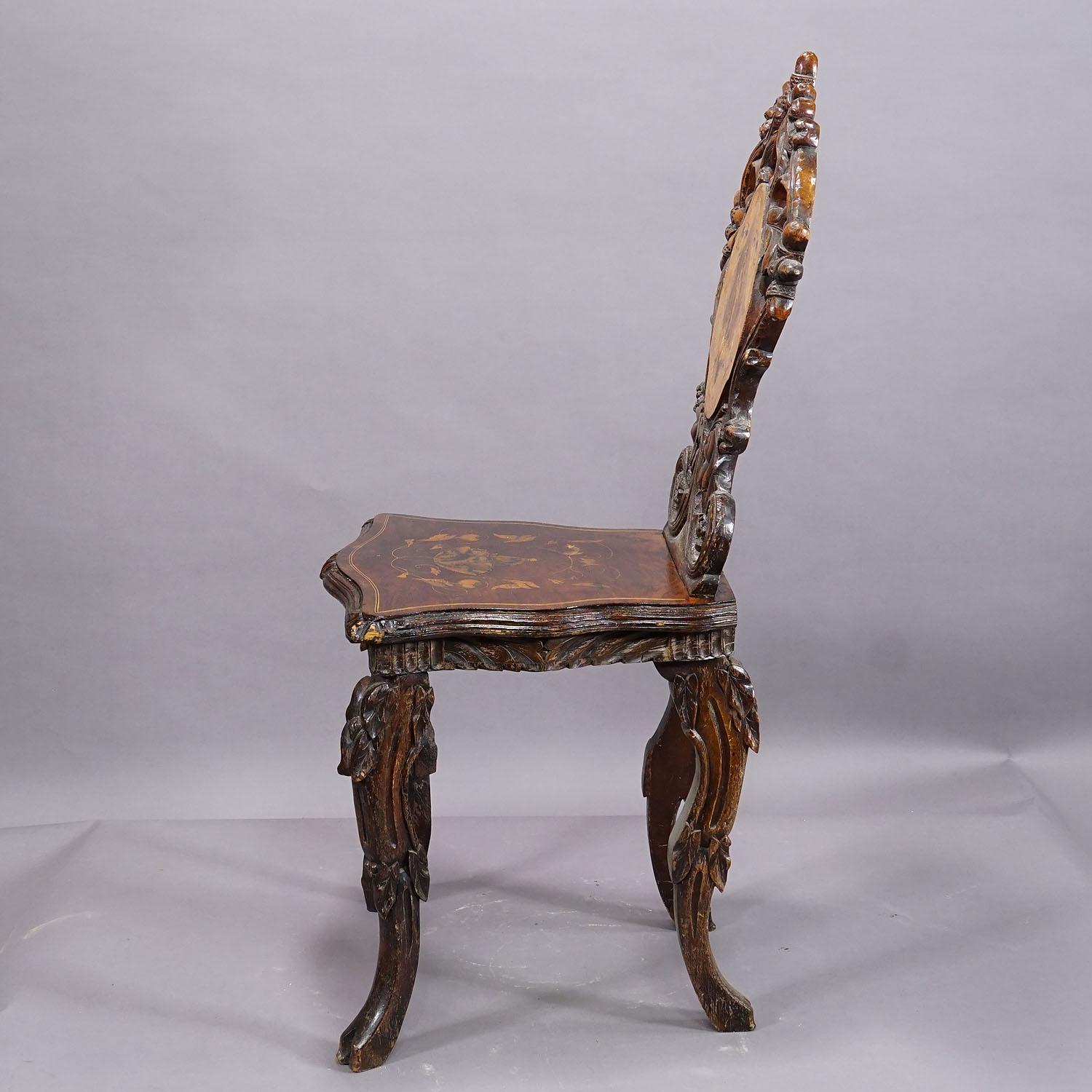 Pair Nutwood Edelweis Marquetry Chairs Swiss Brienz 1900 For Sale 12