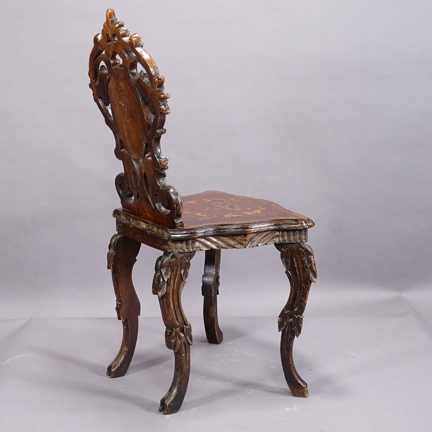 Pair Nutwood Edelweis Marquetry Chairs Swiss Brienz 1900 For Sale 13