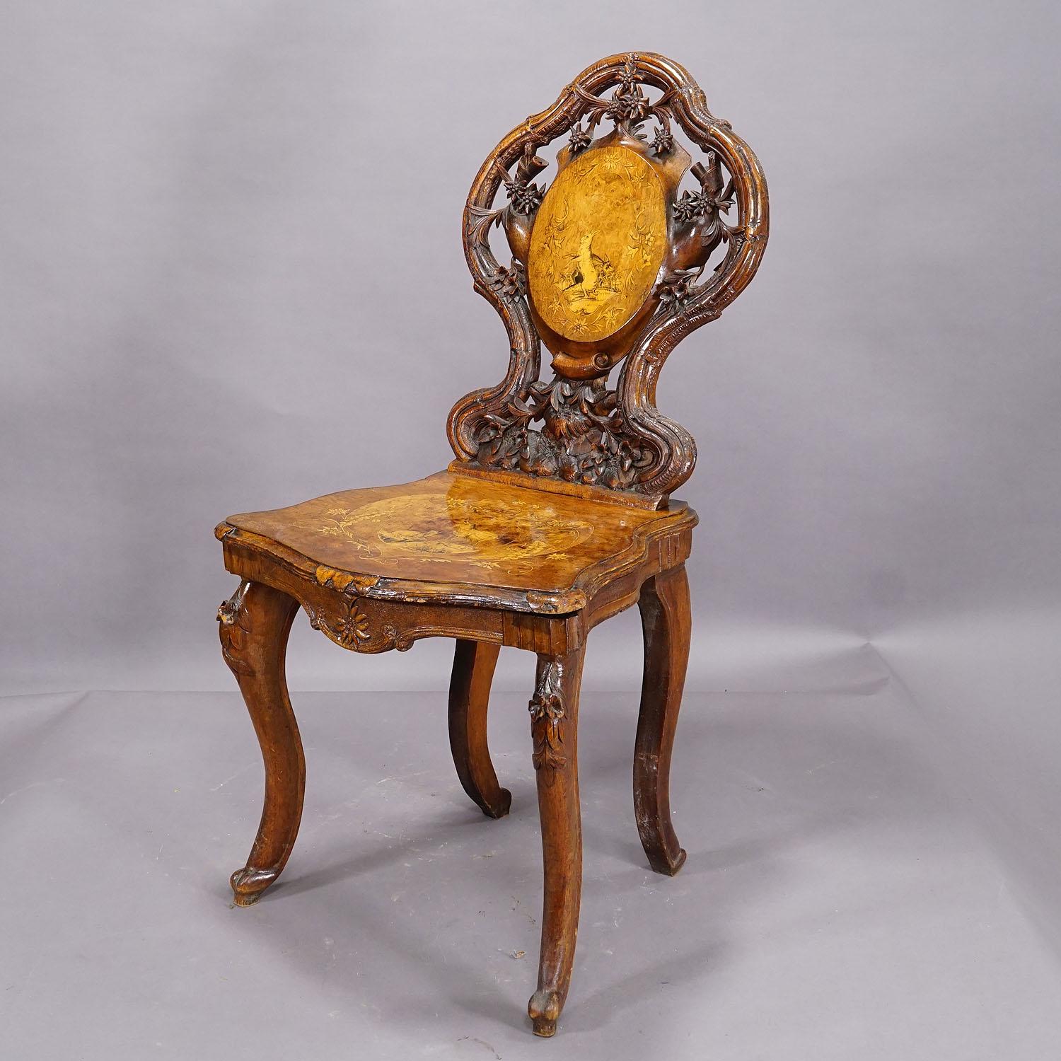 Victorian Pair Nutwood Edelweis Marquetry Chairs Swiss Brienz 1900 For Sale