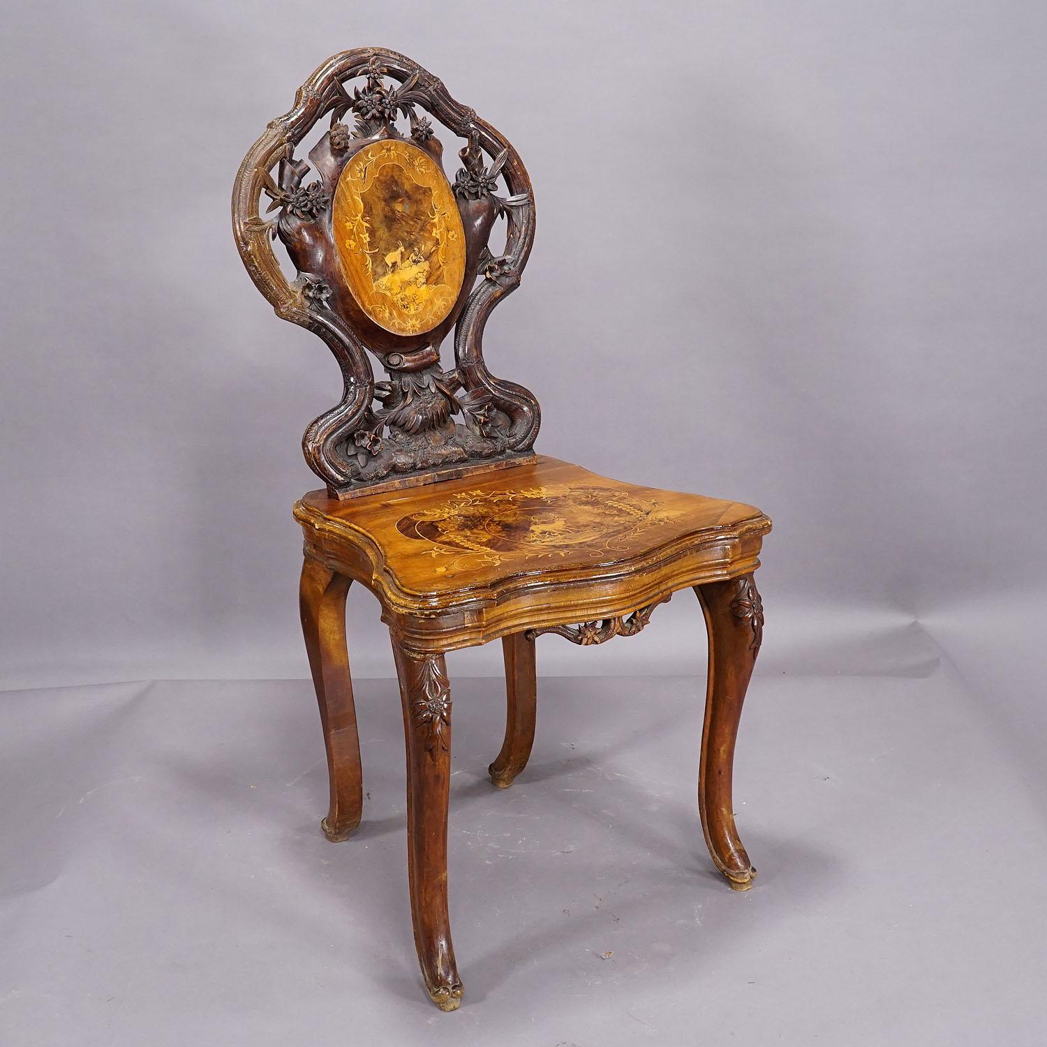 German Pair Nutwood Edelweis Marquetry Chairs Swiss Brienz 1900 For Sale