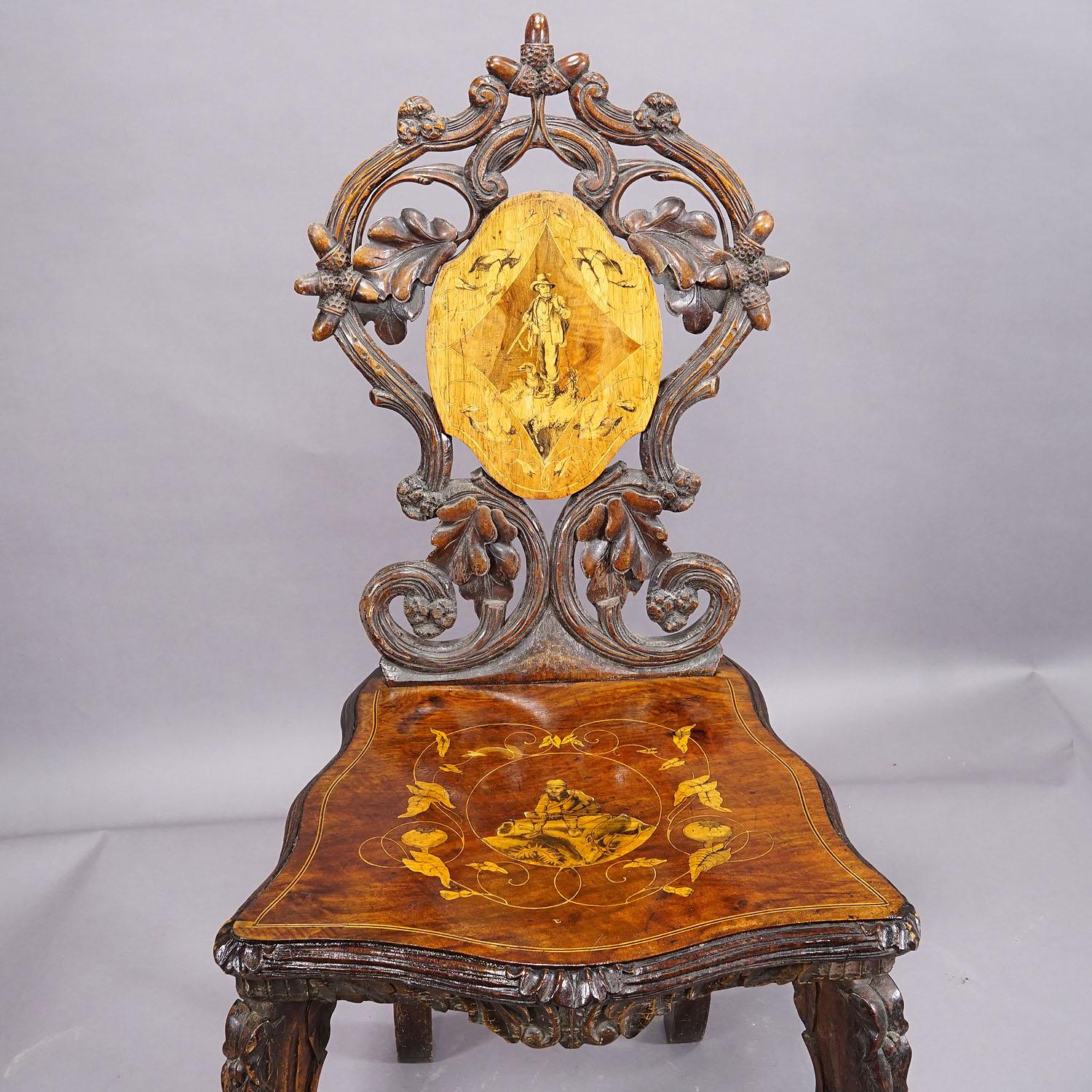 Pair Nutwood Edelweis Marquetry Chairs Swiss Brienz 1900 In Good Condition For Sale In Berghuelen, DE
