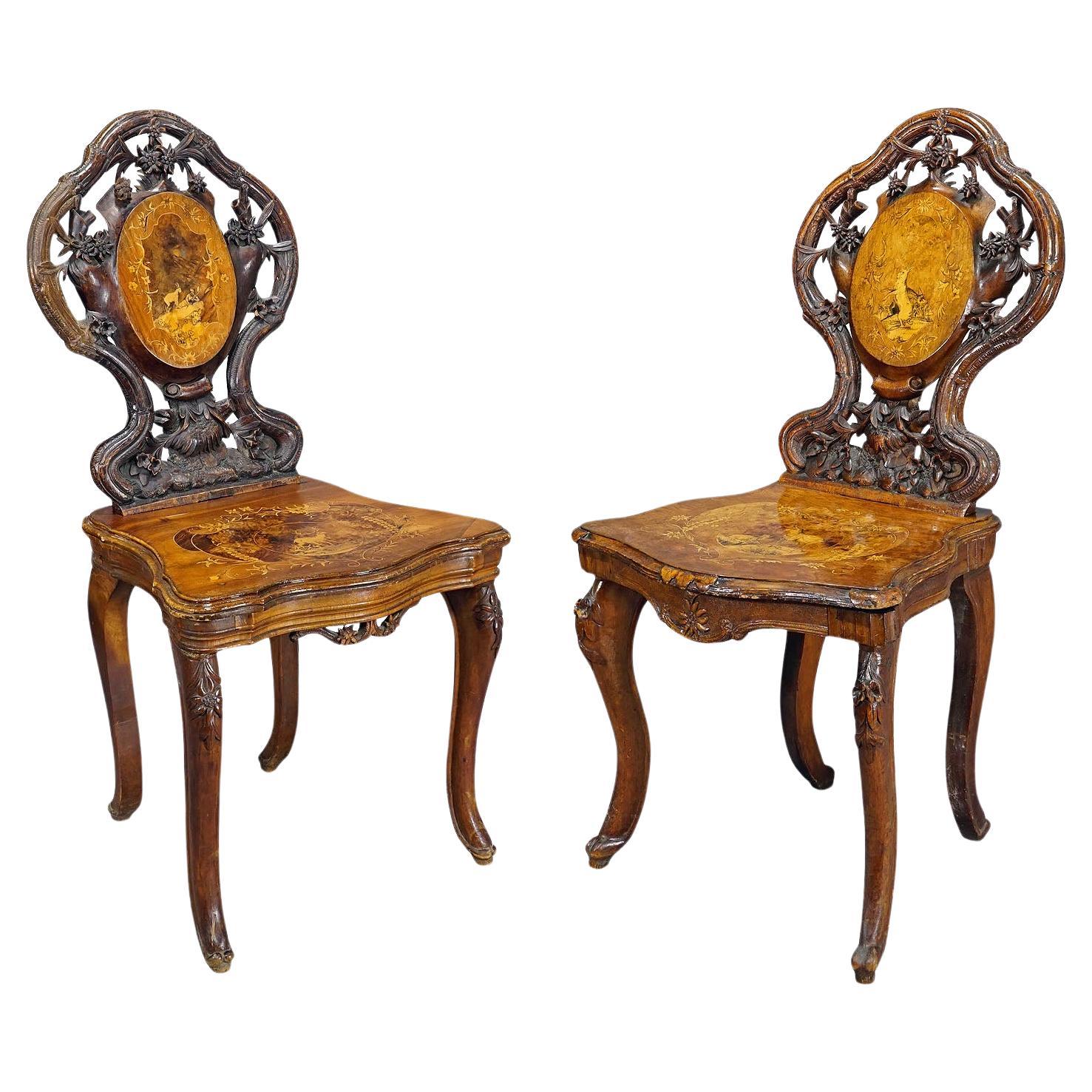 Pair Nutwood Edelweis Marquetry Chairs Swiss Brienz 1900 For Sale