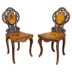 Used Pair Nutwood Edelweis Marquetry Chairs Swiss Brienz 1900