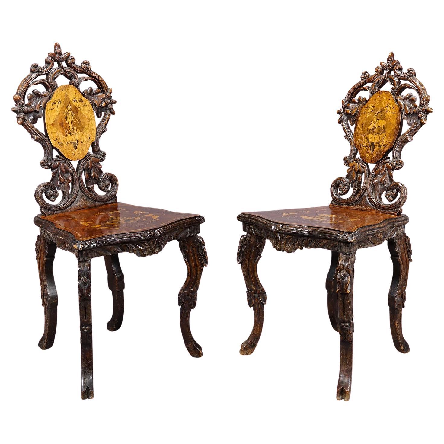 Pair Nutwood Edelweis Marquetry Chairs Swiss Brienz 1900 For Sale