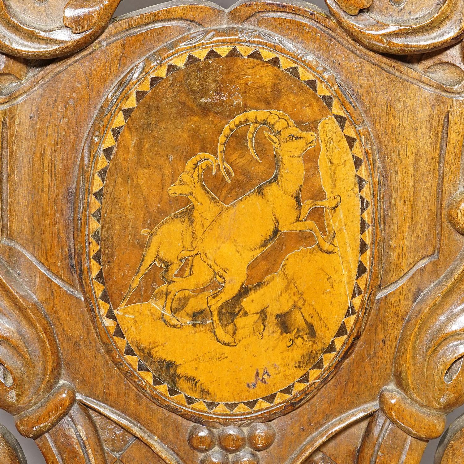 Pair Nutwood Edelweis Marquetry Chairs Swiss Brienz 1900s For Sale 3