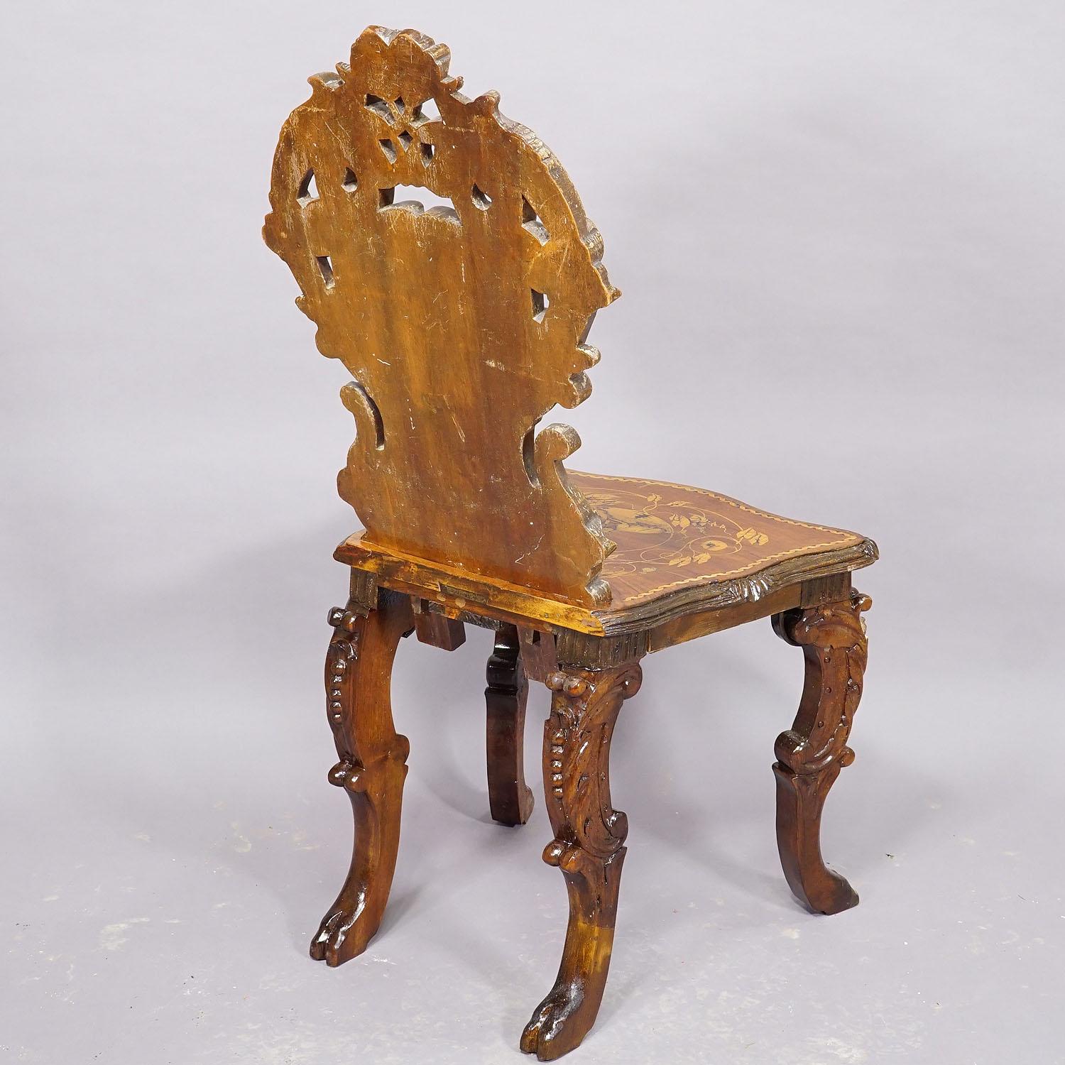 Pair Nutwood Edelweis Marquetry Chairs Swiss Brienz 1900s For Sale 4