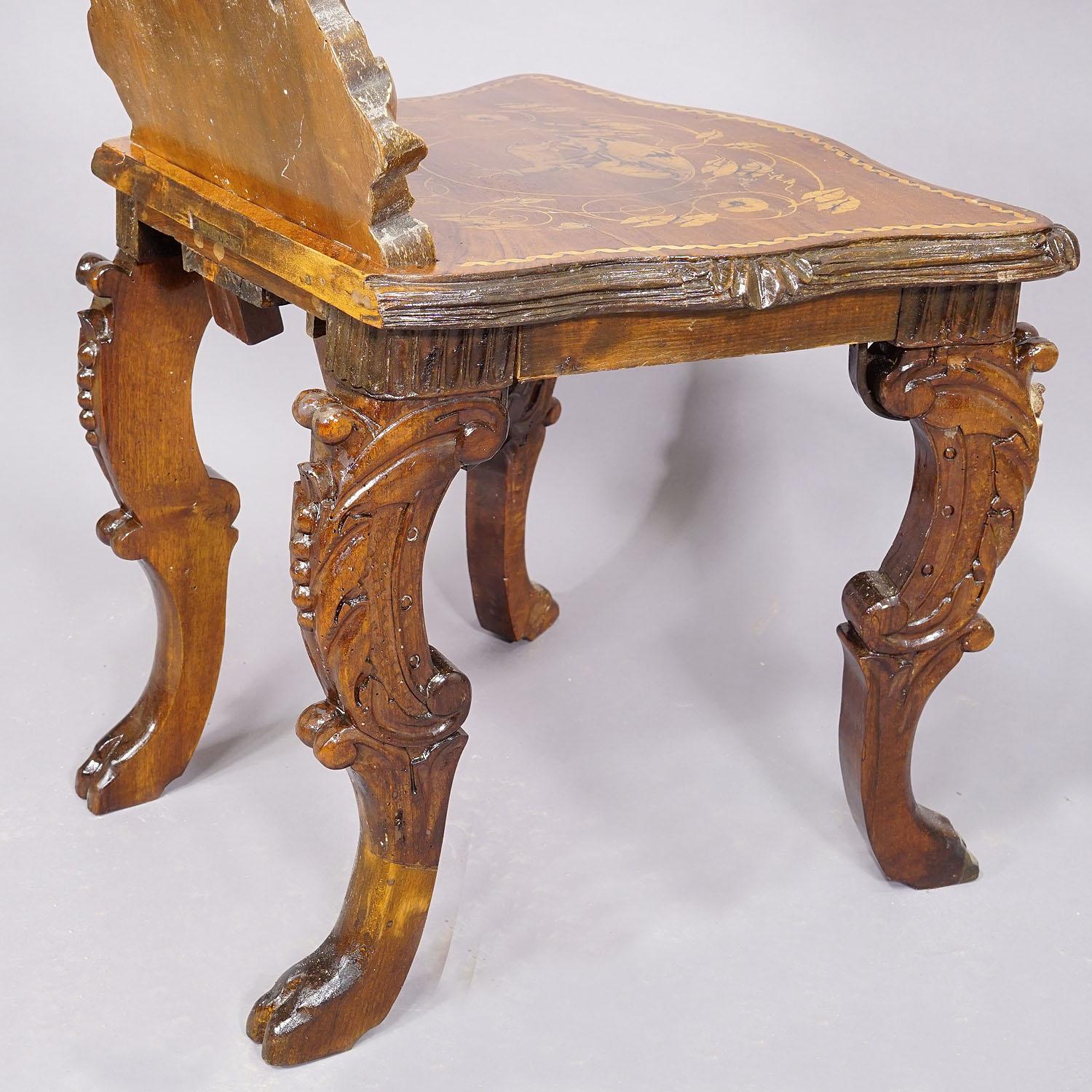 Pair Nutwood Edelweis Marquetry Chairs Swiss Brienz 1900s For Sale 5