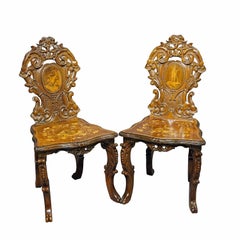 Pair Nutwood Edelweis Marquetry Chairs Swiss Brienz 1900s