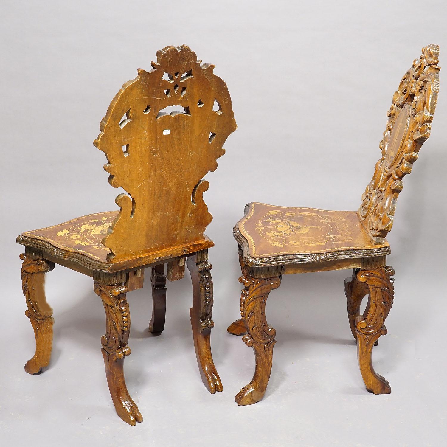 Victorian Pair Nutwood Edelweis Marquetry Chairs Swiss Brienz 1900s For Sale