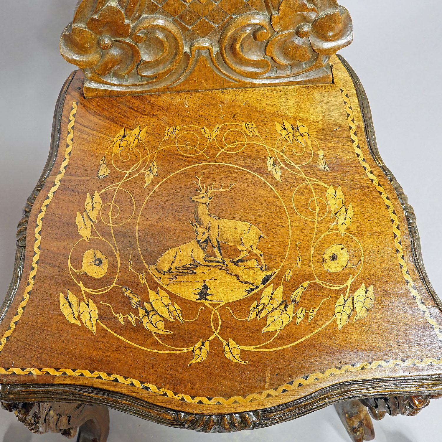 Hand-Carved Pair Nutwood Edelweis Marquetry Chairs Swiss Brienz 1900s For Sale