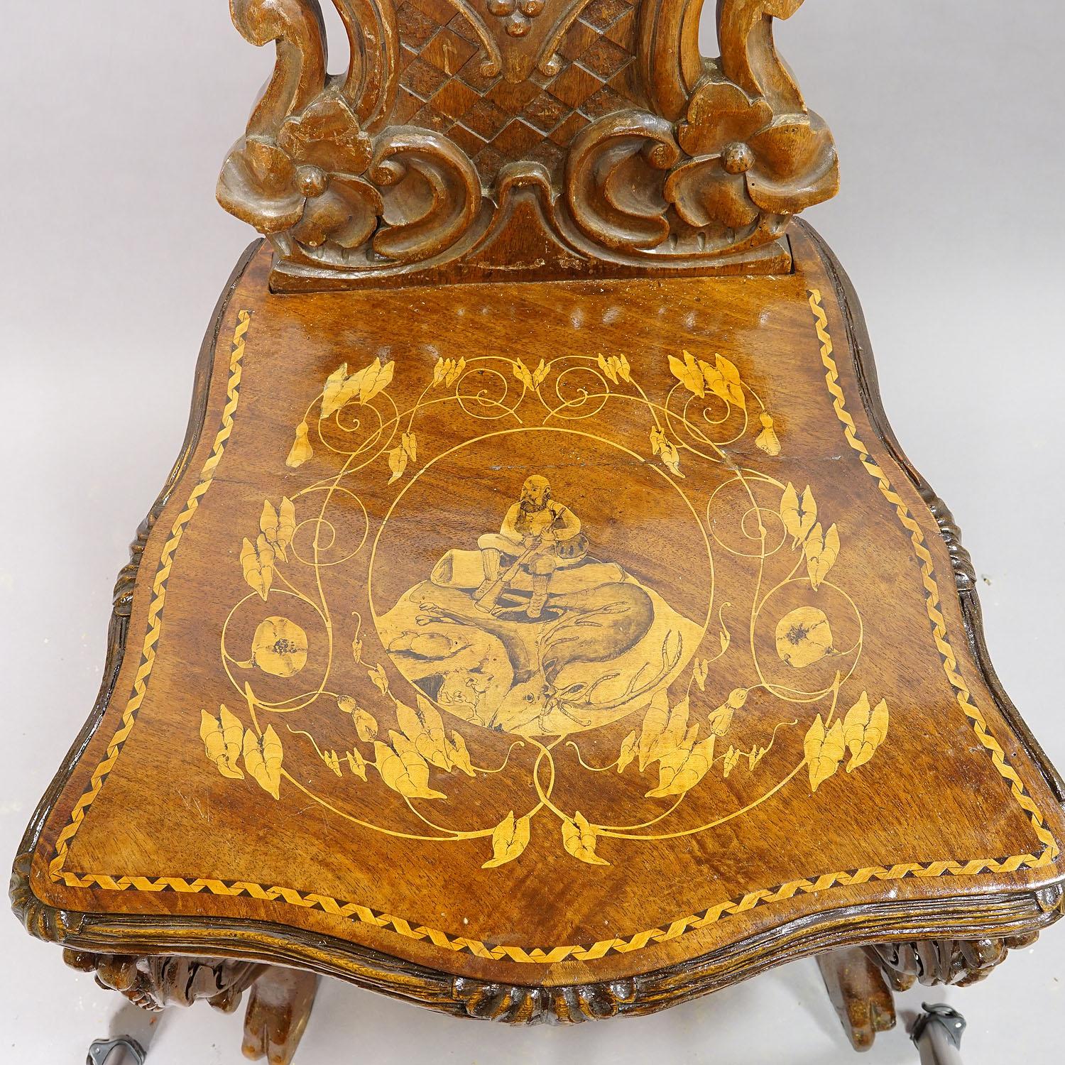 Wood Pair Nutwood Edelweis Marquetry Chairs Swiss Brienz 1900s For Sale