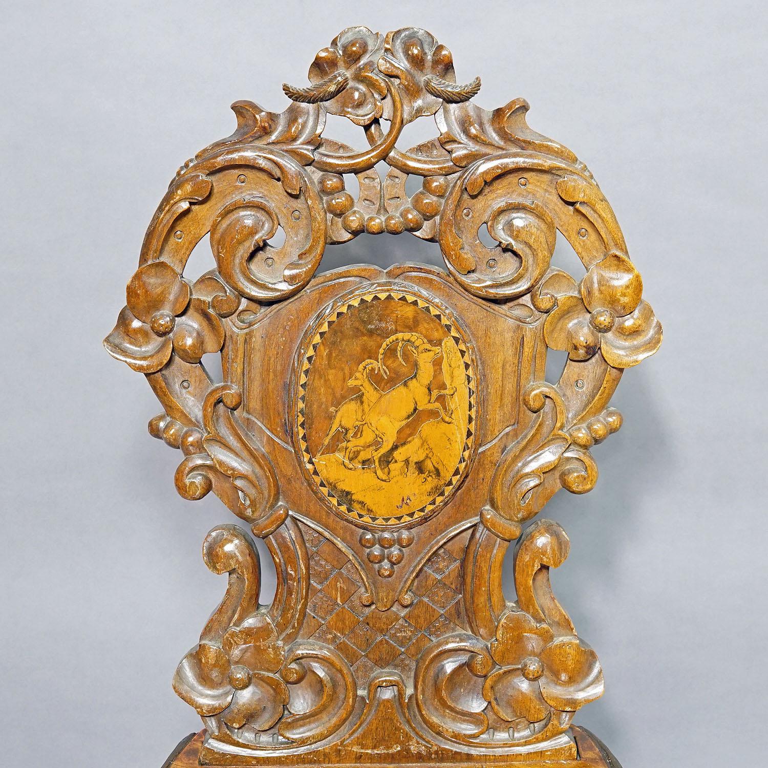 Pair Nutwood Edelweis Marquetry Chairs Swiss Brienz 1900s For Sale 2