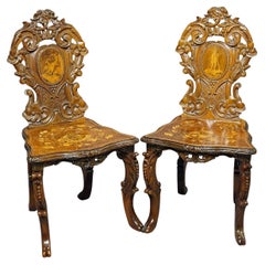 Antique Pair Nutwood Edelweis Marquetry Chairs Swiss Brienz 1900s