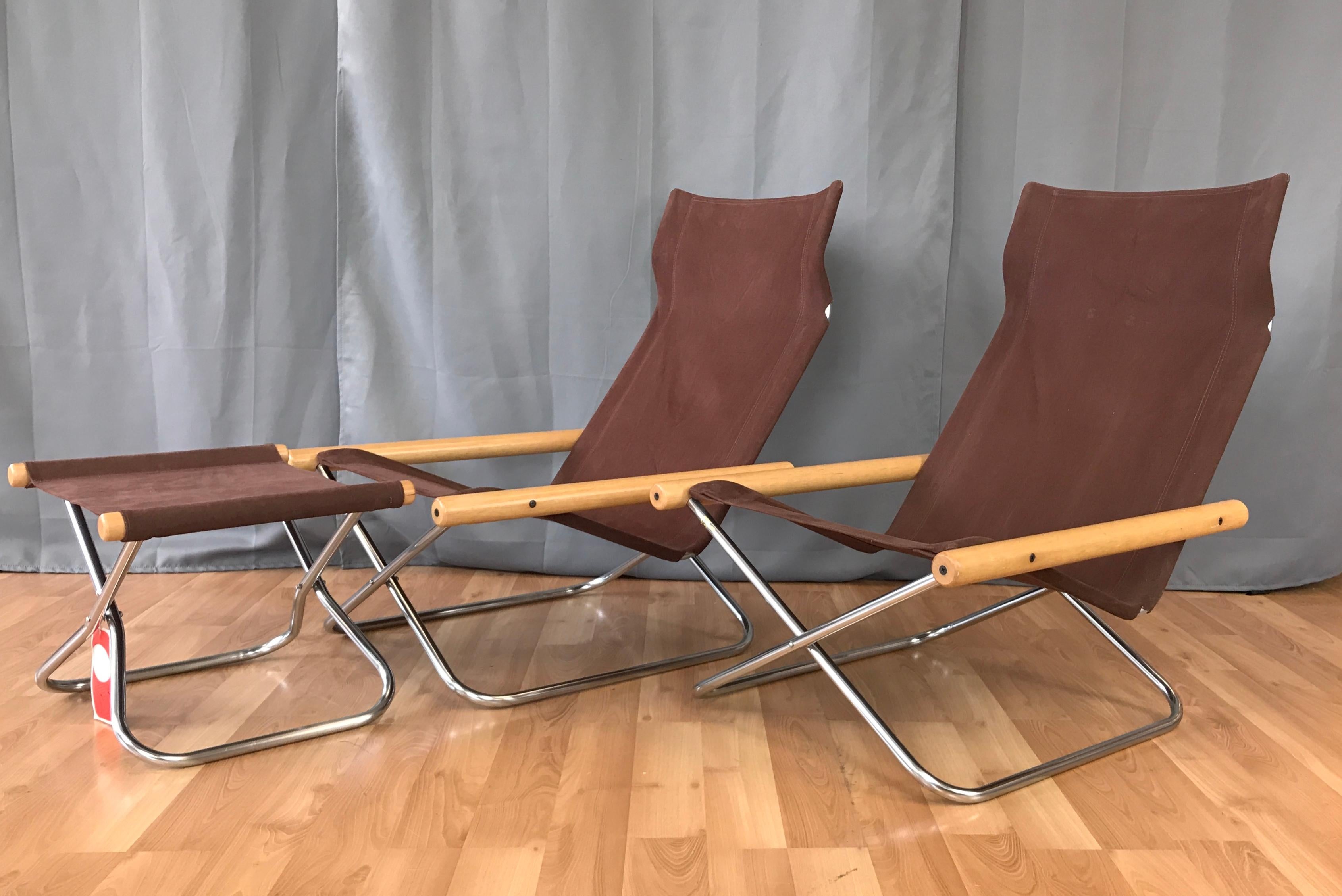 An exceptional late 1950s three-piece NY folding chairs & ottoman set by Takeshi Nii for Trend Pacific Inc.

Inspired by the iconic Hollywood director’s chair and key elements of Scandinavian Modern design, the NY chair—which references both the