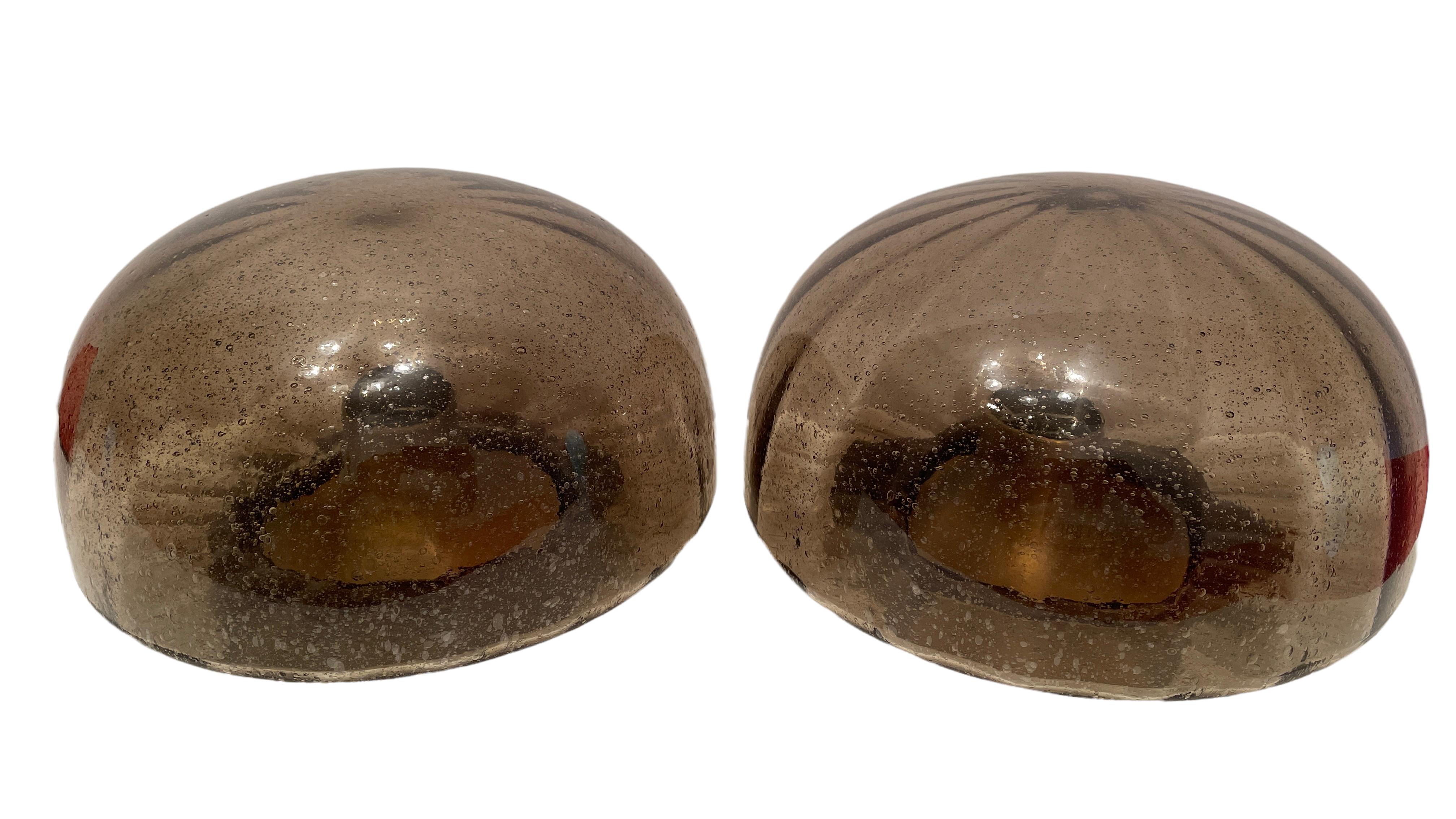 Mid-Century Modern Pair Of Bronzed Metal Smoked Glass Hillebrand Flush Mount Midcentury, 1960s For Sale