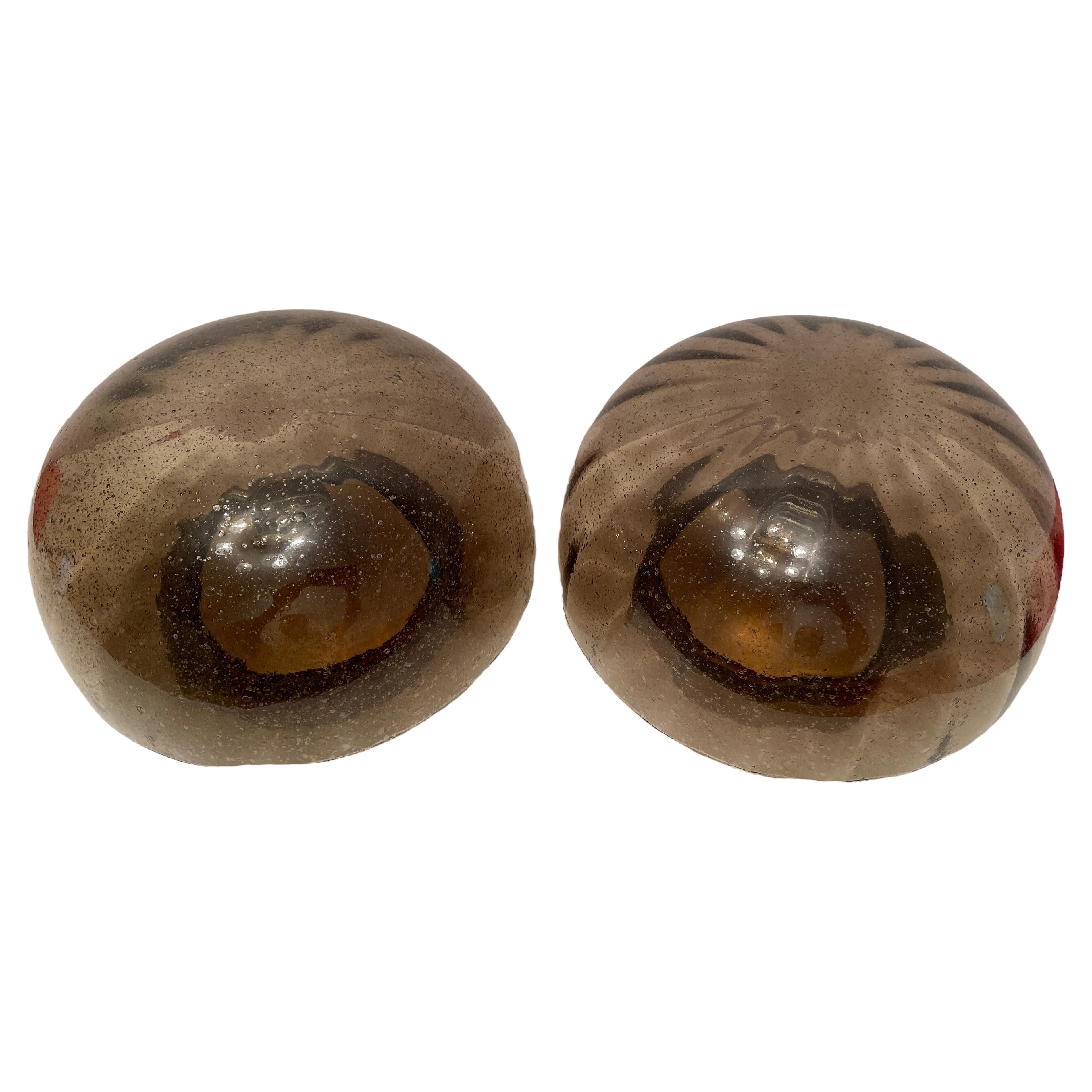 Pair Of Bronzed Metal Smoked Glass Hillebrand Flush Mount Midcentury, 1960s For Sale