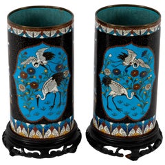 Pair of Meiji Cloisonné Crane Vases with Stands