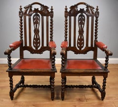 Pair Oak Barley Twist Armchairs