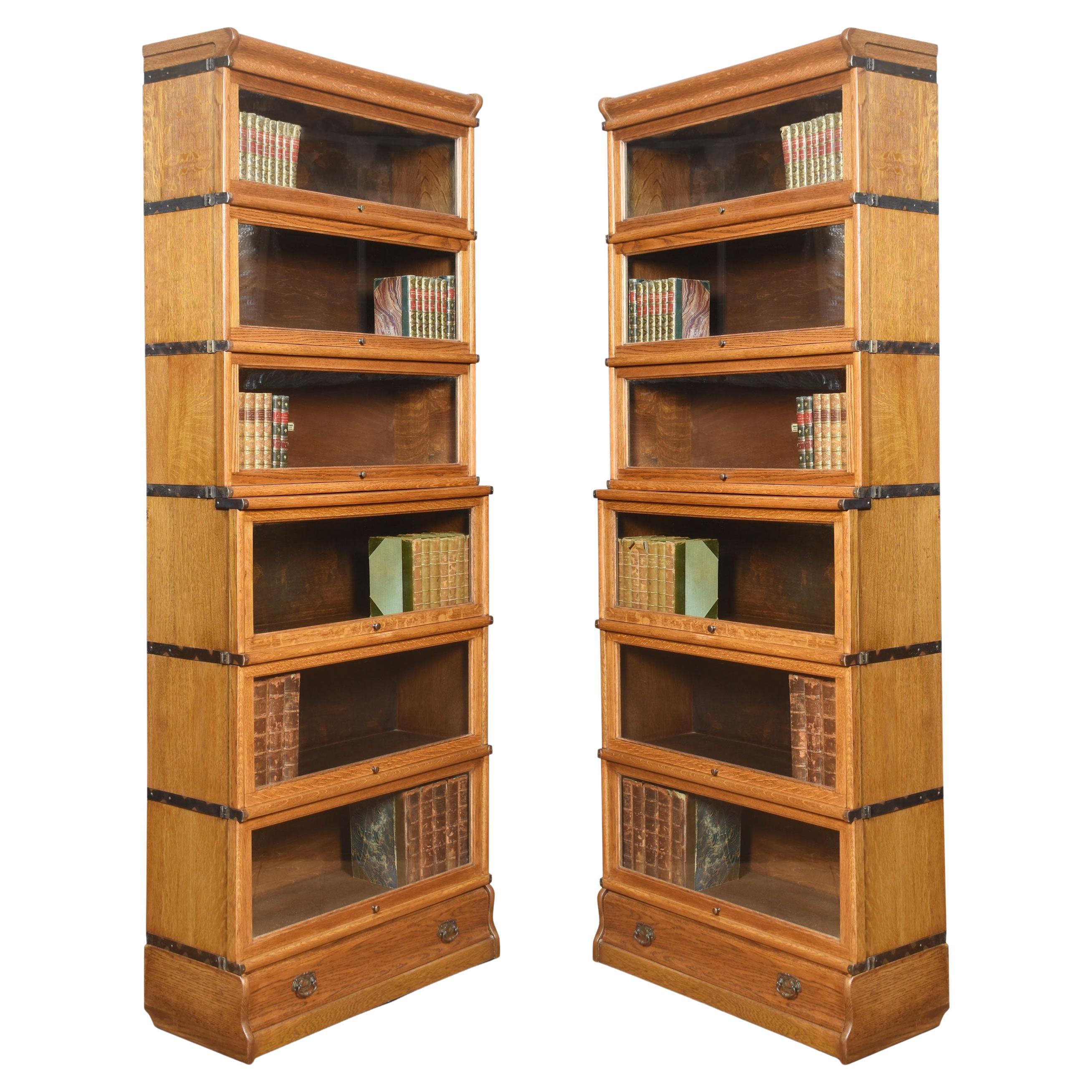 Pair Oak globe Wernicke six section bookcases