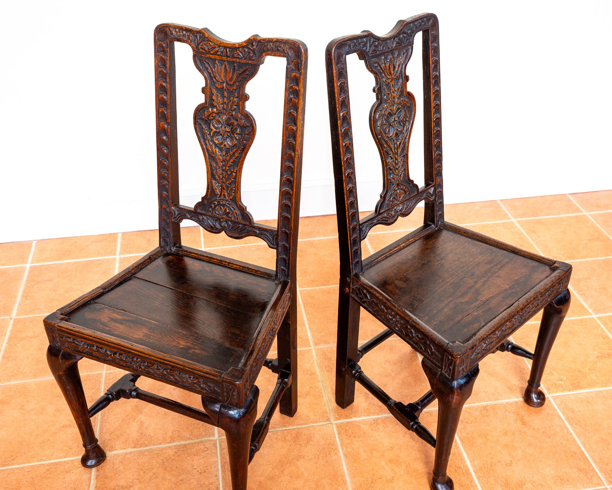 Pair Oak Jacobean Hall Side or Dining Chairs Early 1600s Country House Antique For Sale 6