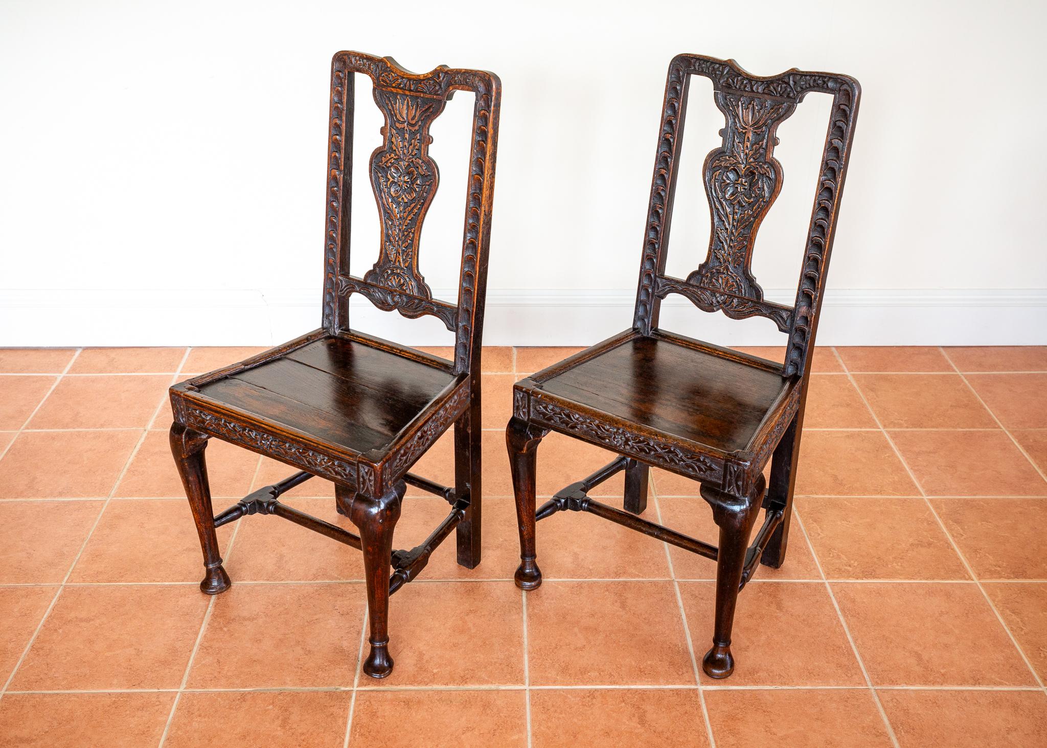 Pair Oak Jacobean Hall Side or Dining Chairs Early 1600s Country House Antique For Sale 8