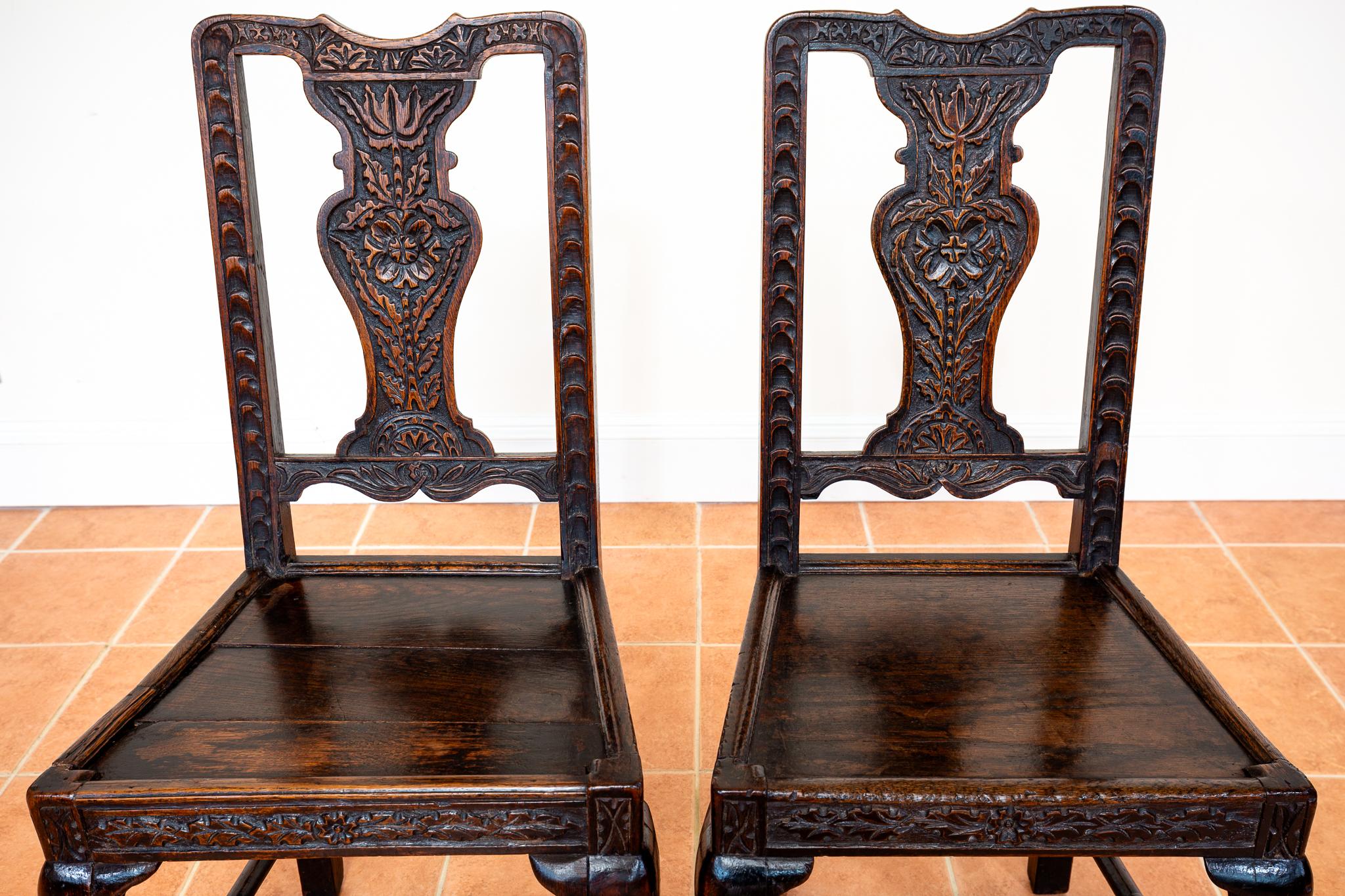 Pair Oak Jacobean Hall Side or Dining Chairs Early 1600s Country House Antique For Sale 11