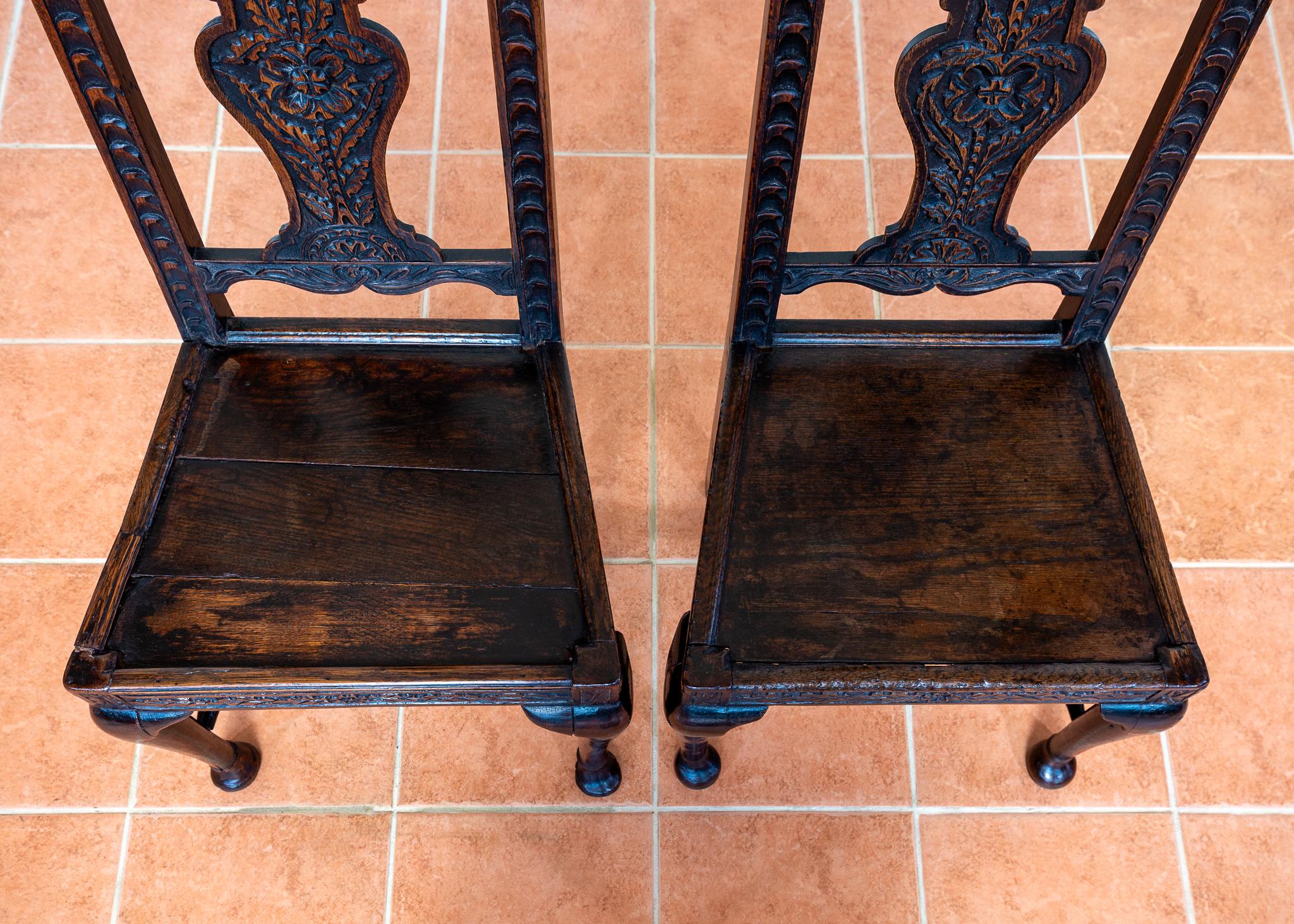 Pair Oak Jacobean Hall Side or Dining Chairs Early 1600s Country House Antique For Sale 12