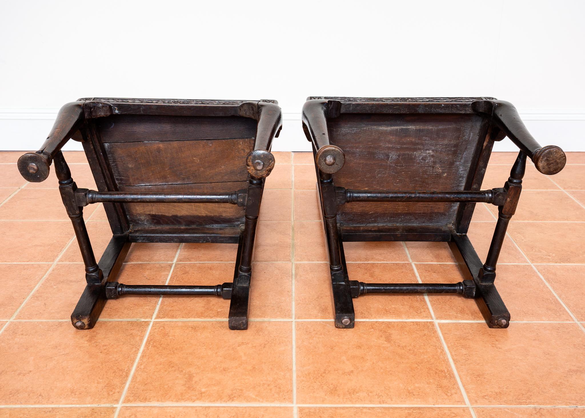 Pair Oak Jacobean Hall Side or Dining Chairs Early 1600s Country House Antique For Sale 14
