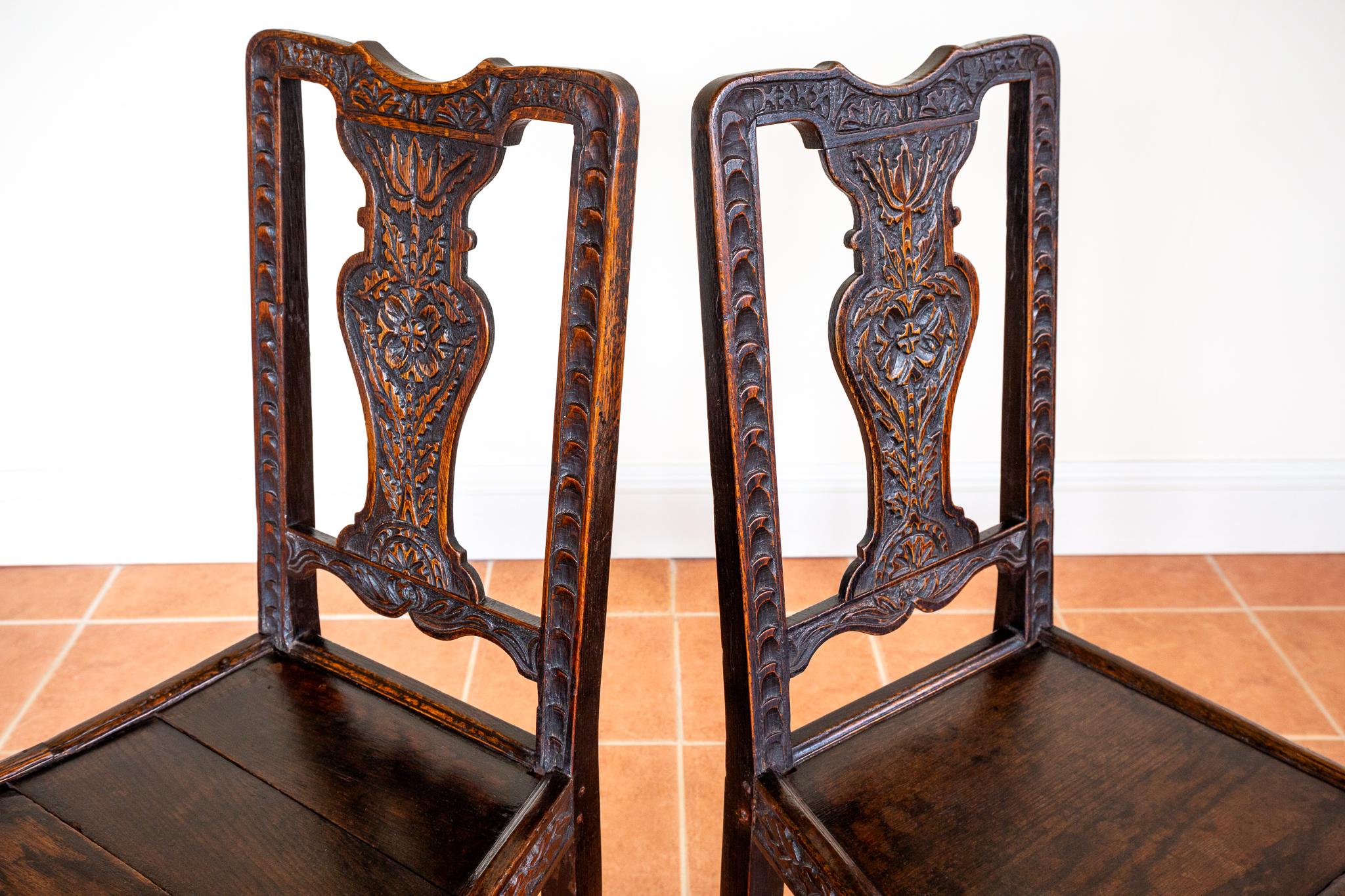 British Pair Oak Jacobean Hall Side or Dining Chairs Early 1600s Country House Antique For Sale