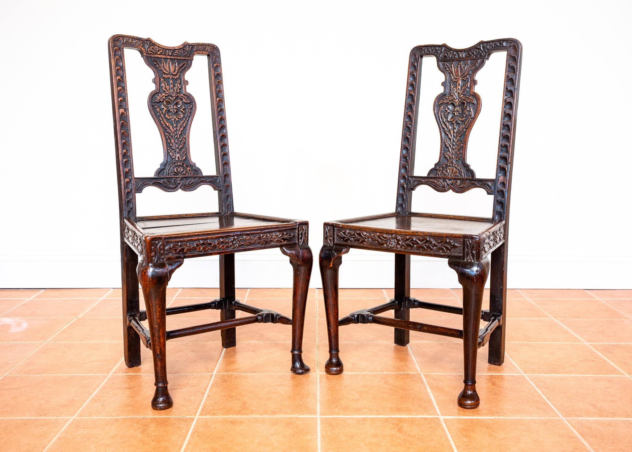Carved Pair Oak Jacobean Hall Side or Dining Chairs Early 1600s Country House Antique For Sale