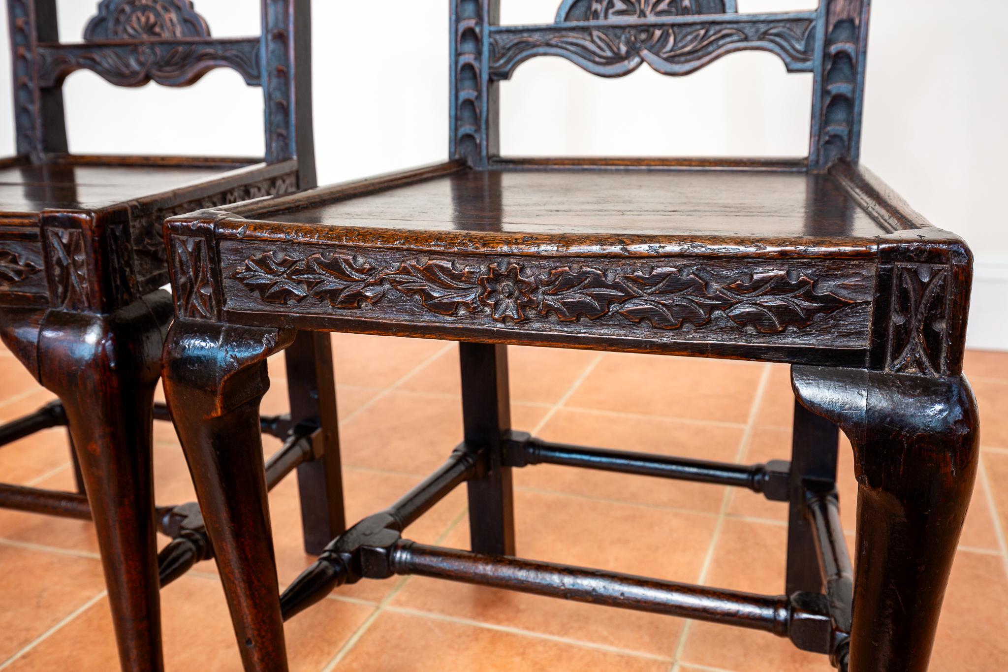 Pair Oak Jacobean Hall Side or Dining Chairs Early 1600s Country House Antique For Sale 1
