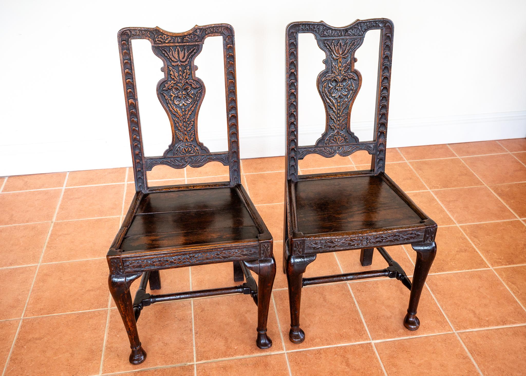Pair Oak Jacobean Hall Side or Dining Chairs Early 1600s Country House Antique For Sale 3