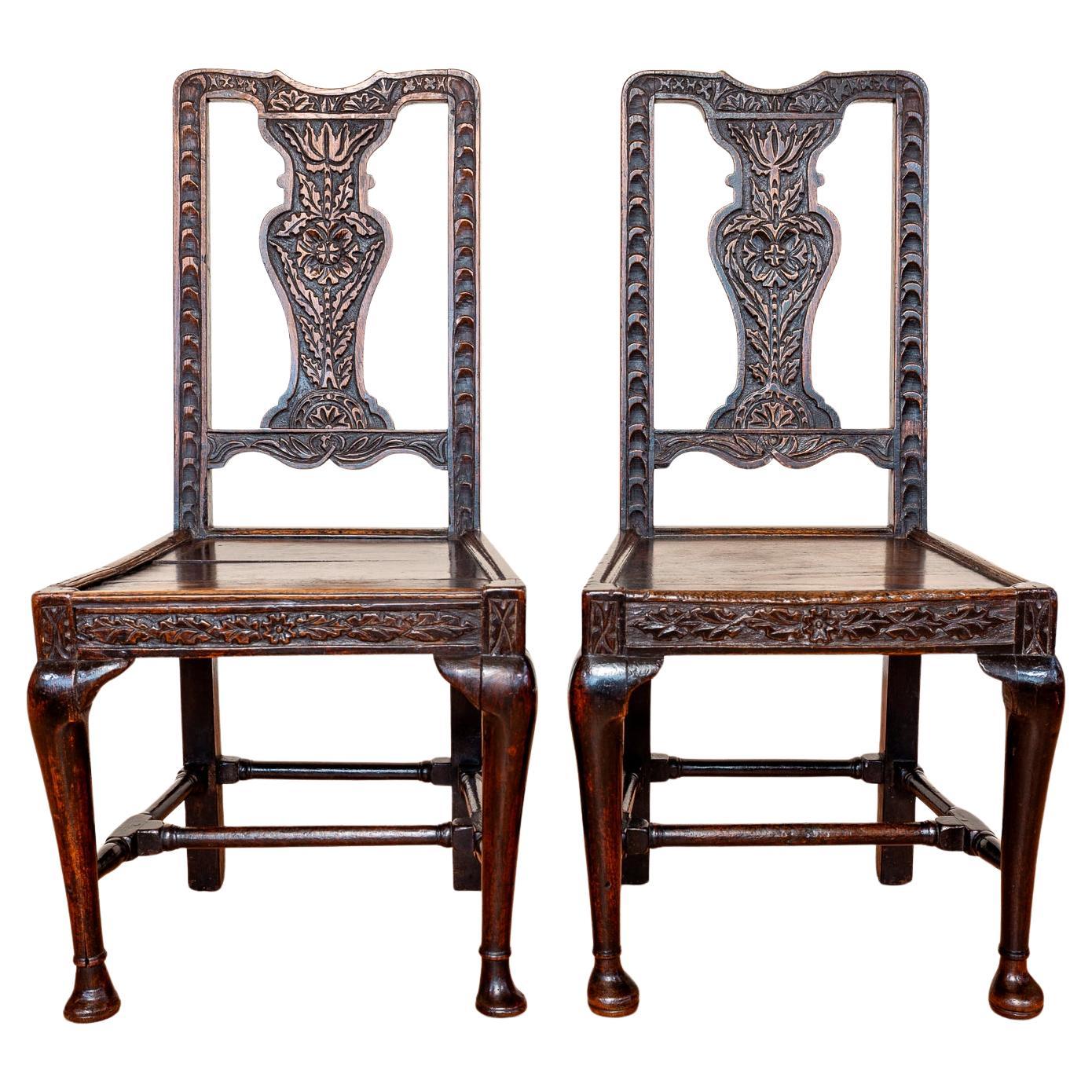 Pair Oak Jacobean Hall Side or Dining Chairs Early 1600s Country House Antique For Sale