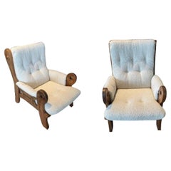 Pair Oak Wood Frame Boucle Upholstered Chairs, Italy, 1960s